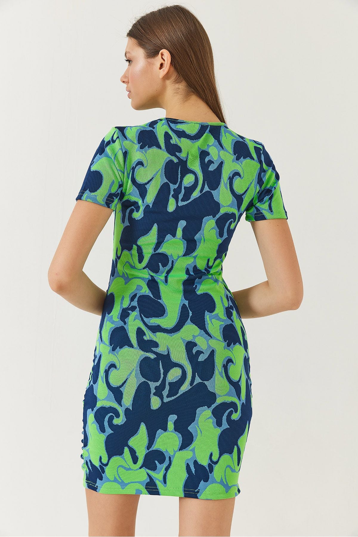 Women's Sides Shirring Detailed Short Sleeve Patterned Dress 60261385
