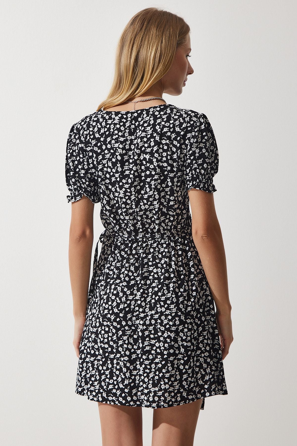 Female black patterned viscose woven dress ub00111
