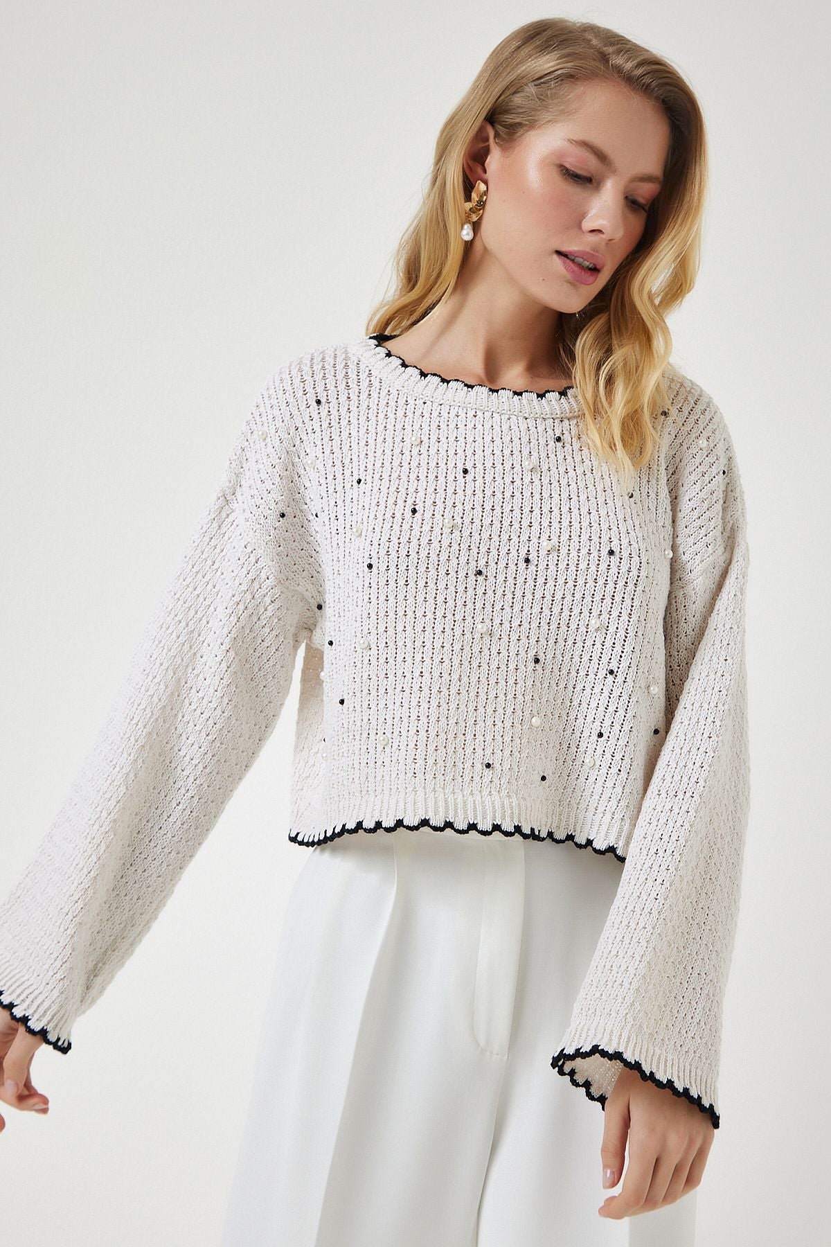 Women's Cream Gospel Offer Mevsimli Crop Knitwear sweater MC00256