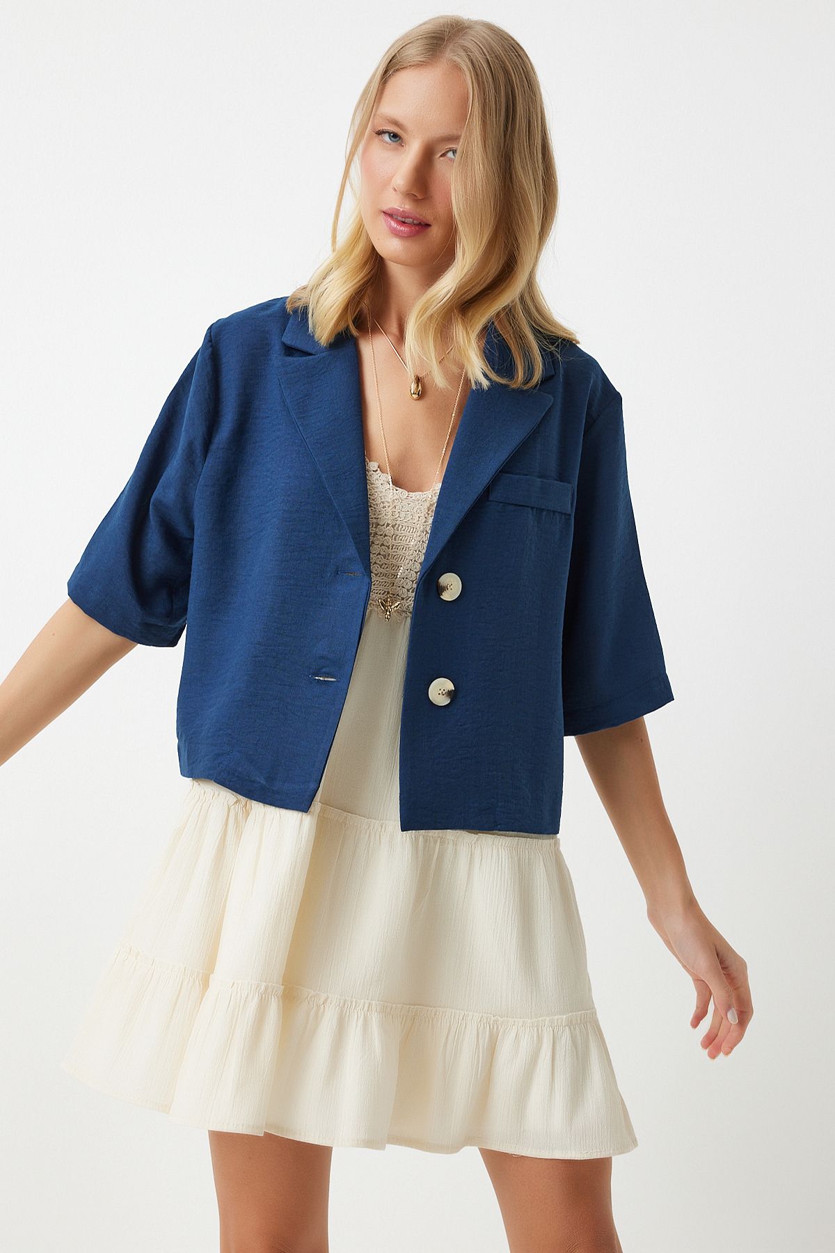 Woman indigo blue shawl collar seasonal linen ayrobin shirt jacket DD01327