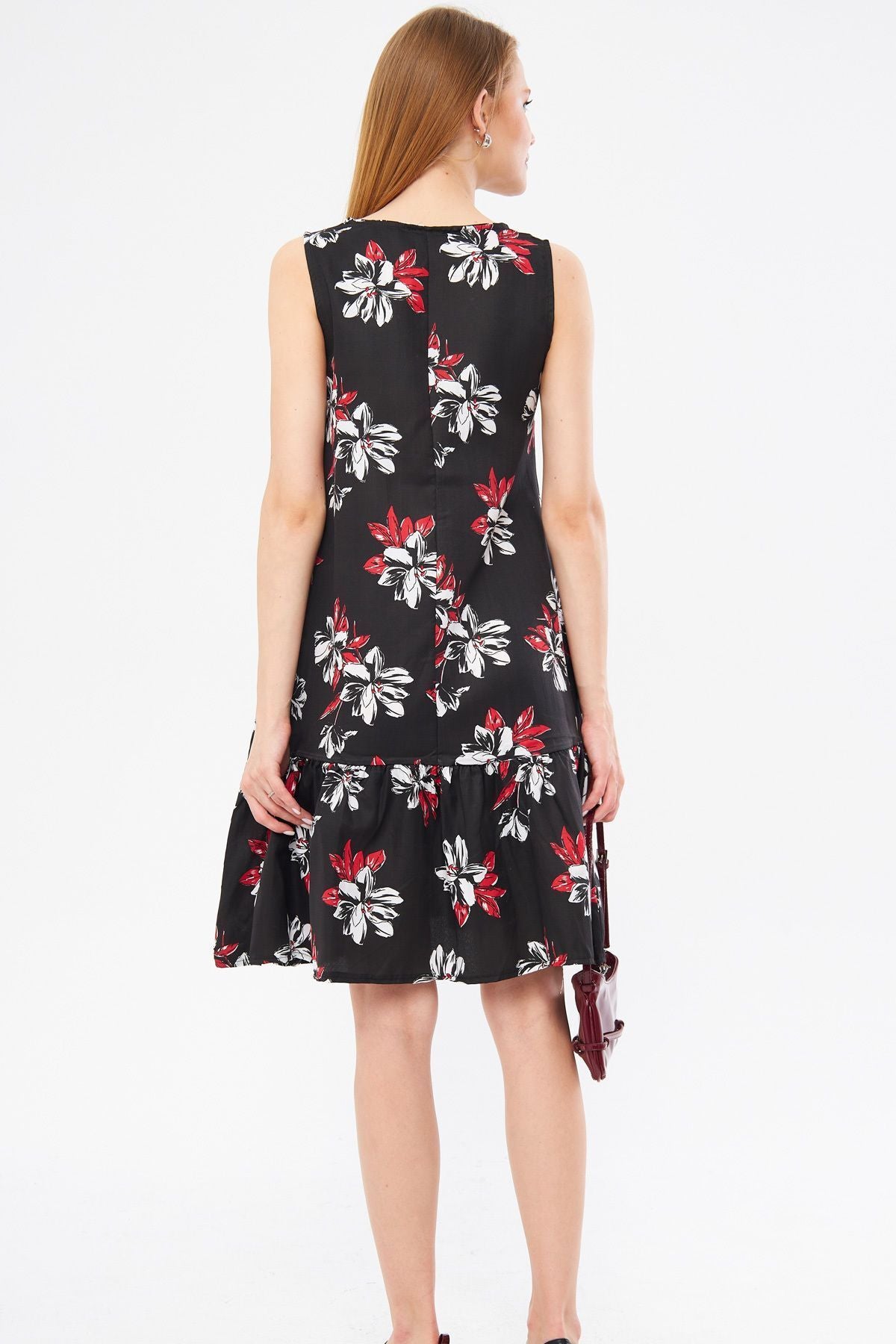 Woman Black Big Flower Patterned Sleeveless Dress ARM-22Y001014