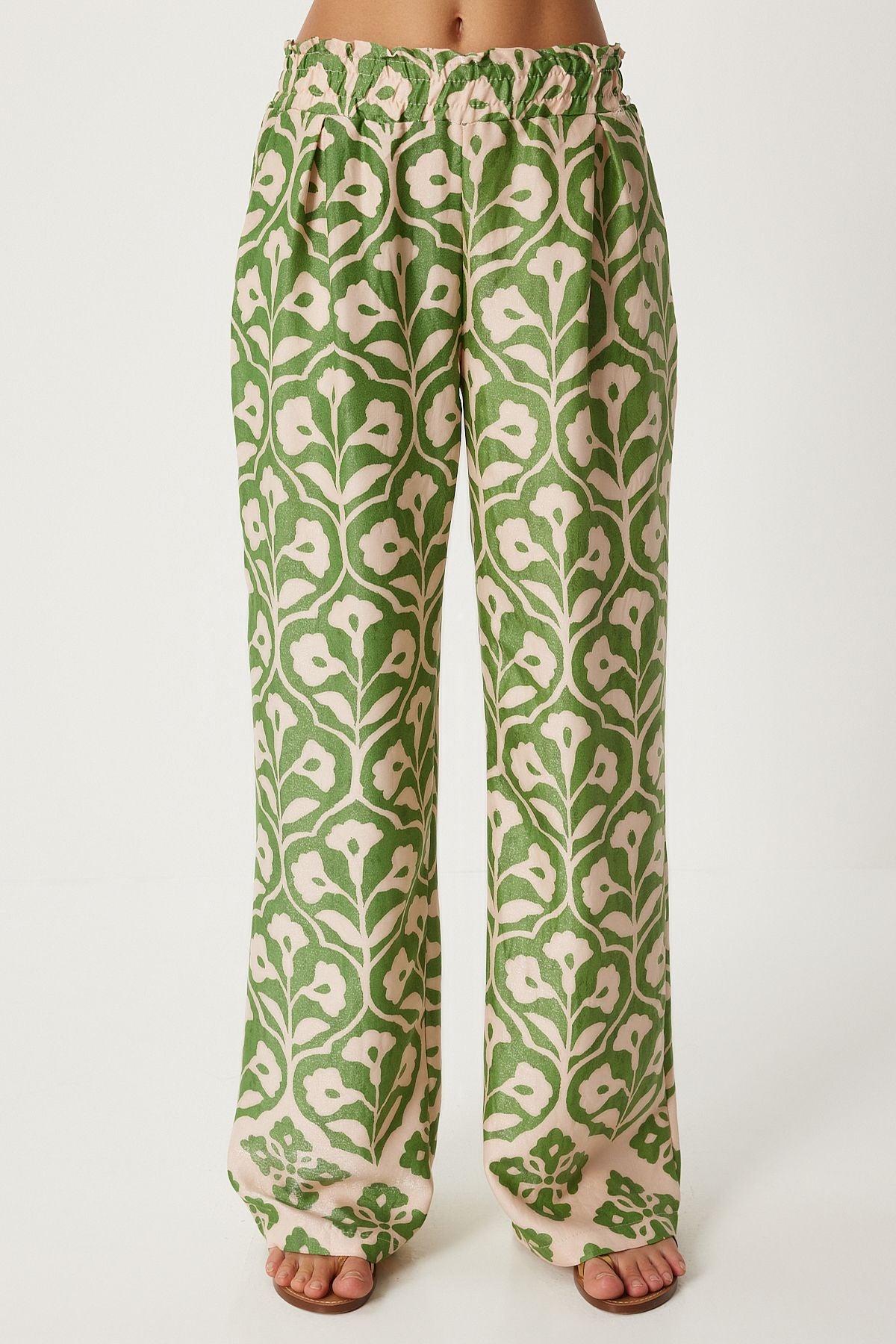 Female Green Cream Patterned Viscose Blouse Palazzo Set FN03278