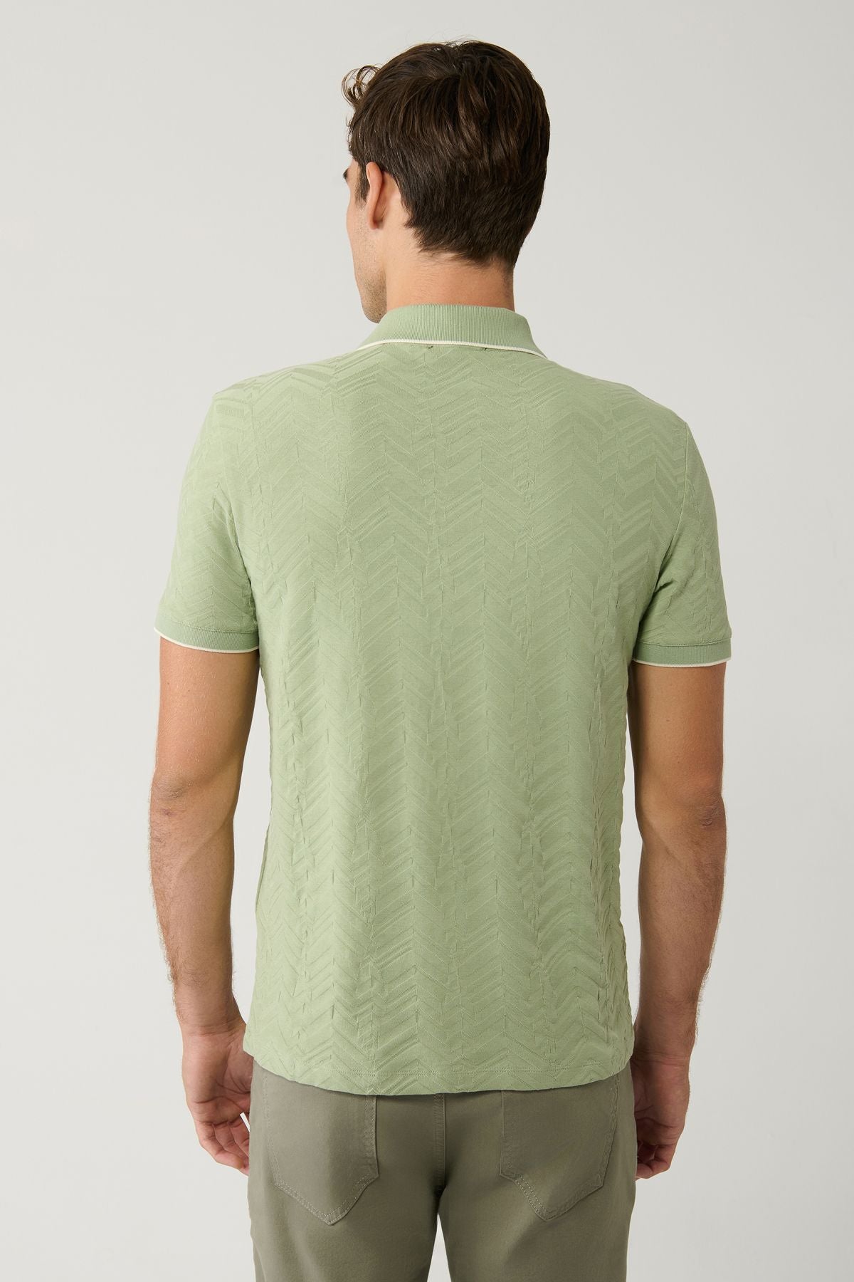 Male Khaki 100 %Cotton 3 Buttoned Jacquard Polo Yaka T-shirt A41y1147