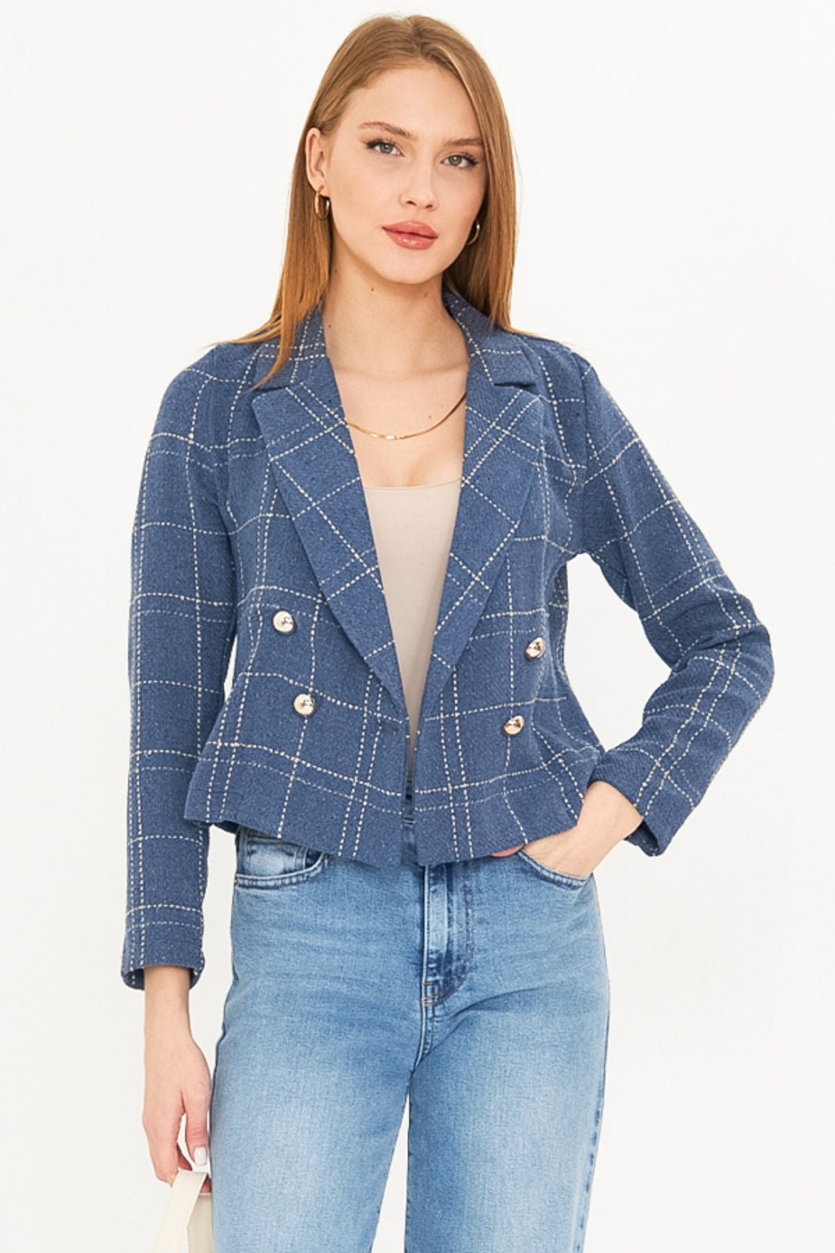 WOMEN INDIO-BEJ KROVAZE YAKA TÜVİT CROP JACKET ARM-24K001014