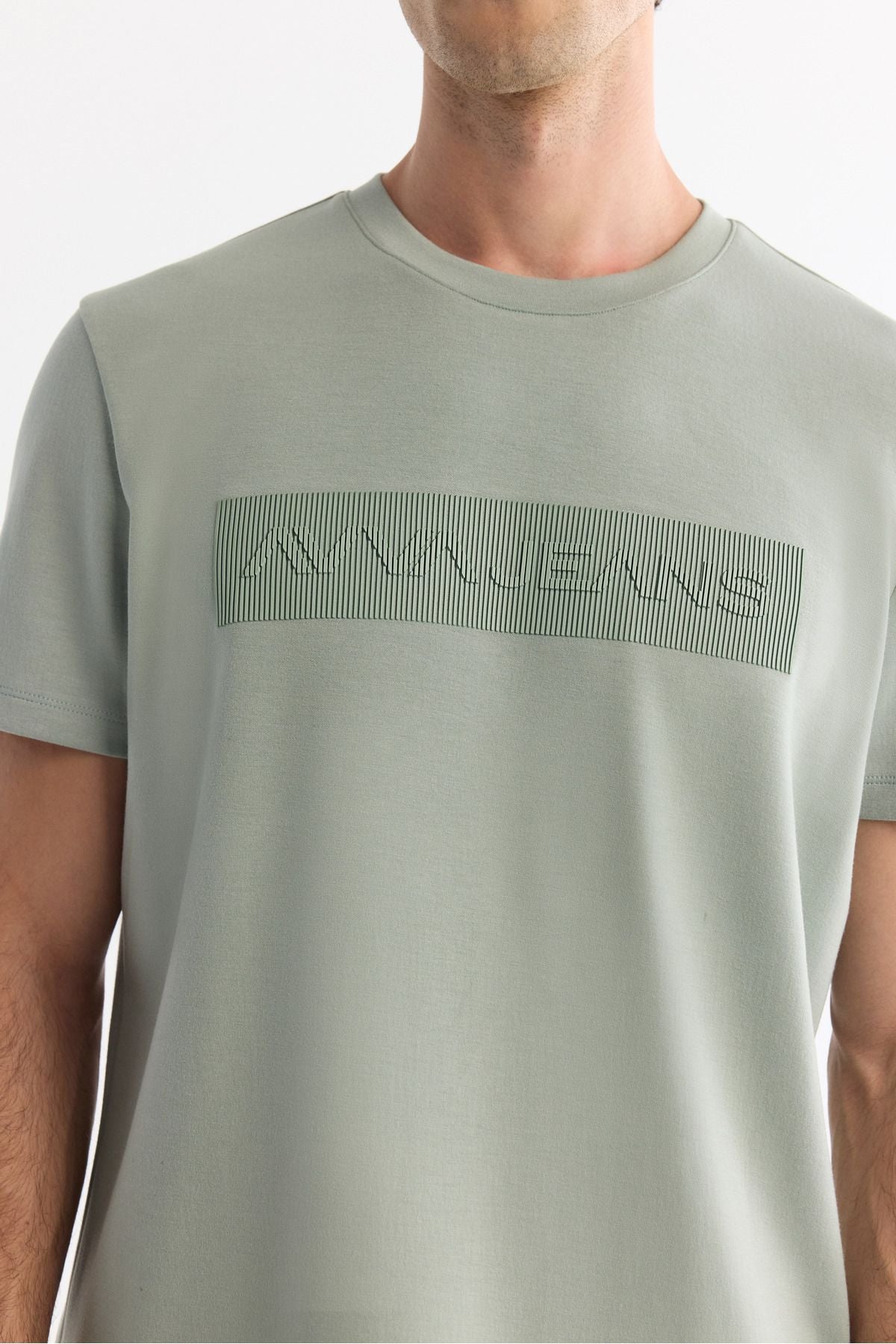 Men's Mint Green Bicycle Collar Printed Elastan T-Shirt A42Y1011