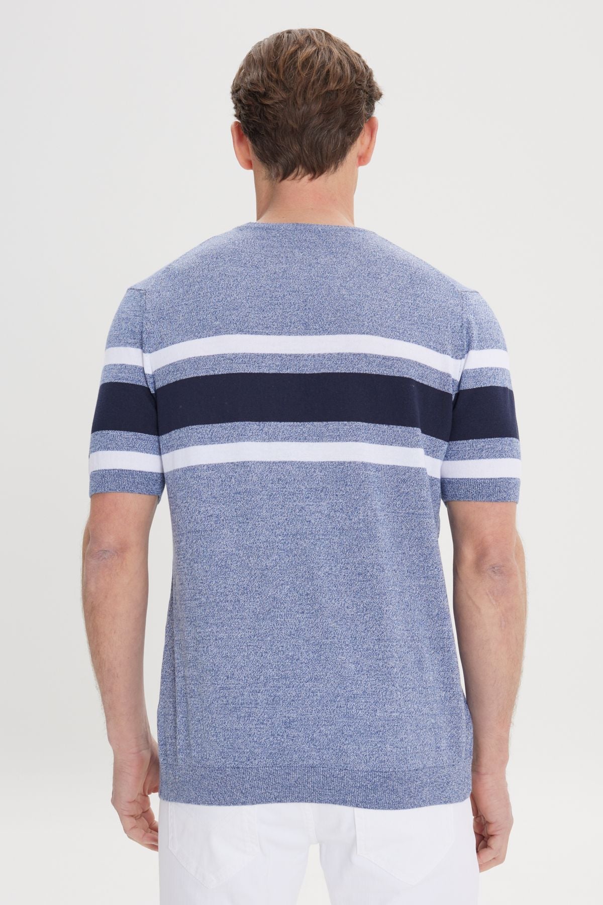 Men's Indigo-Lacivert Standard Fit Normal Normal Cut 100 %Cotton Striped Bicycle Yaka Triko T-shirt