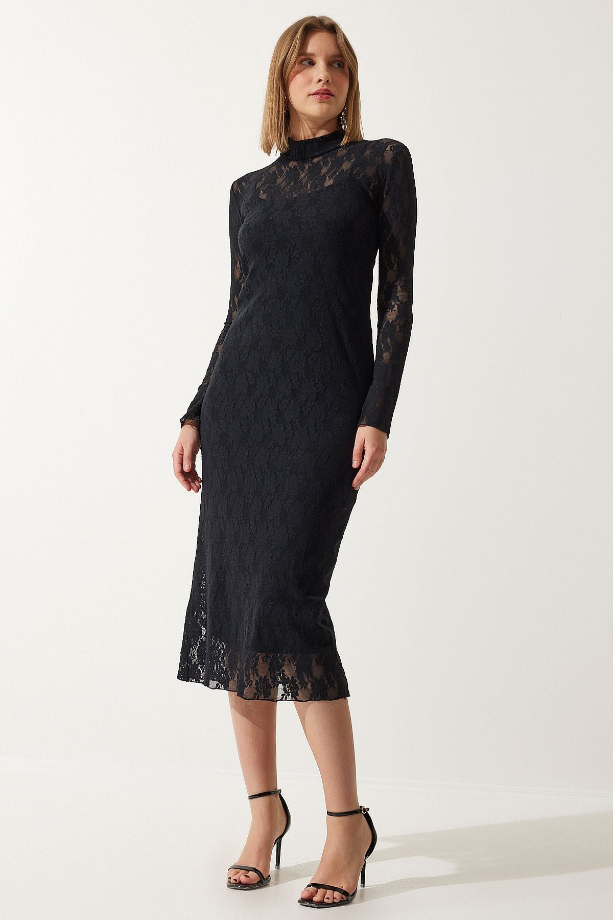 Woman black upright collar stylish lace dress an00192