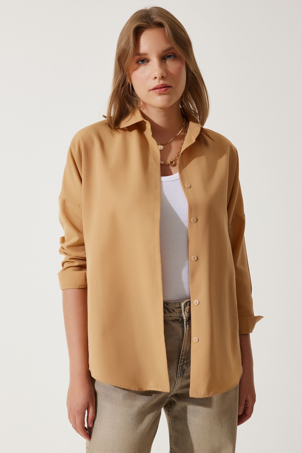 Woman Camel Oversize Long Basic Shirt DD00842