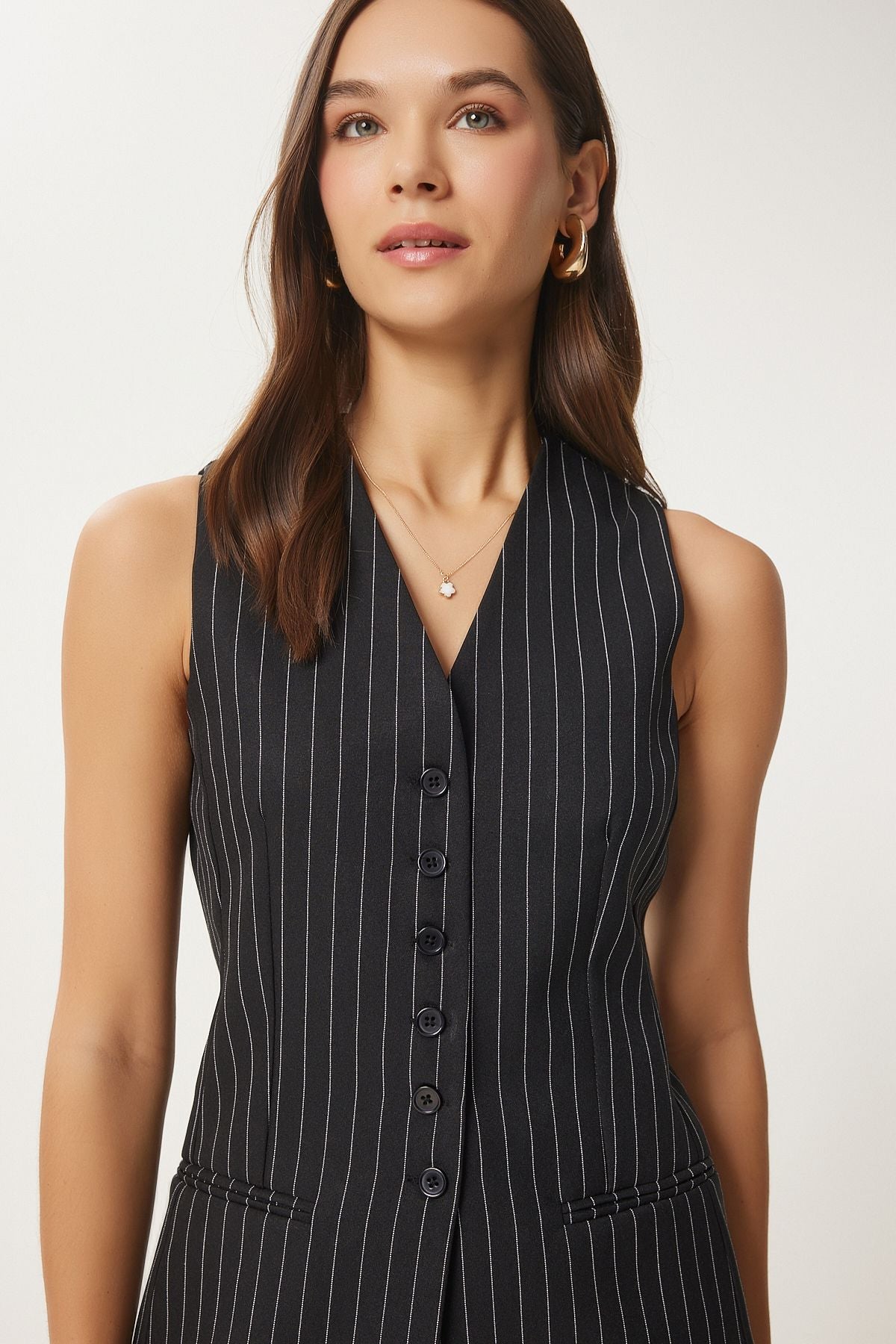 Woman Black Fleto pocket detailed striped weaving vest to00156