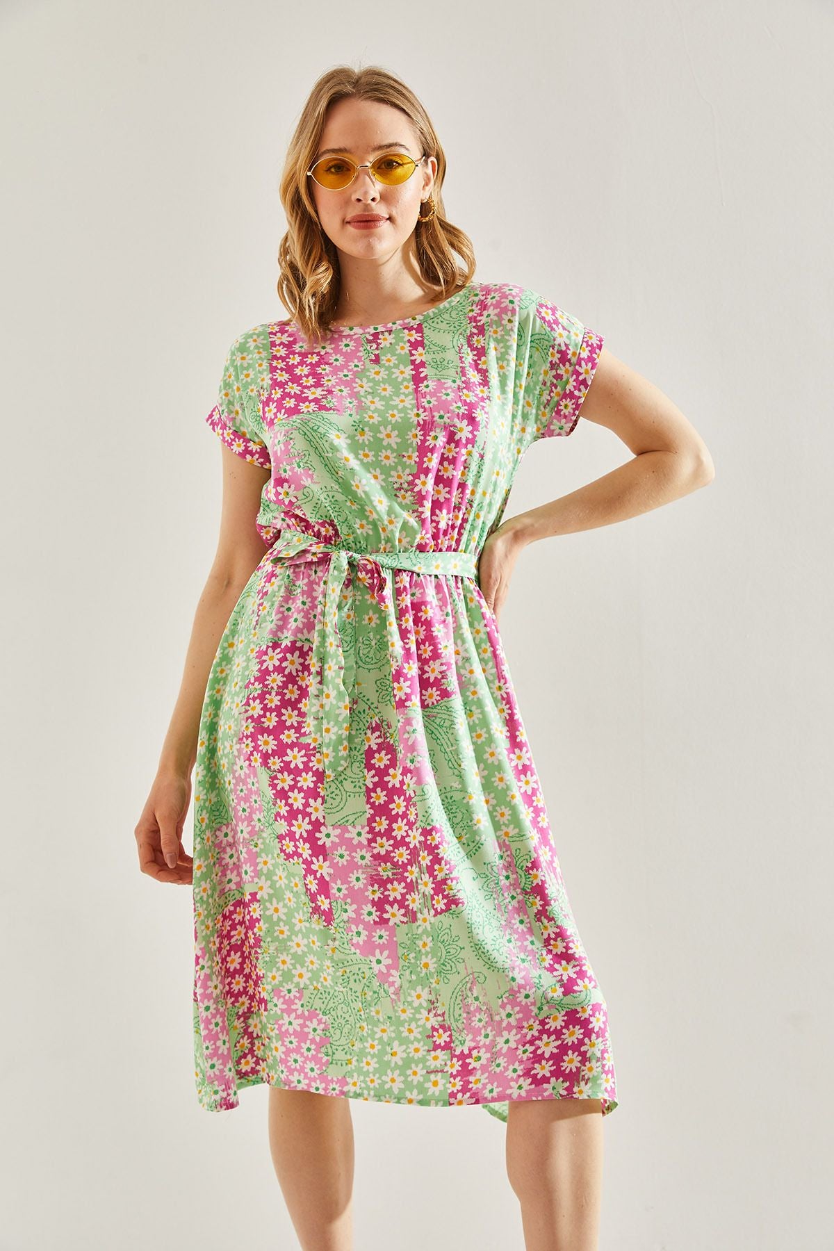 Female belt patterned viscose dress 60221003