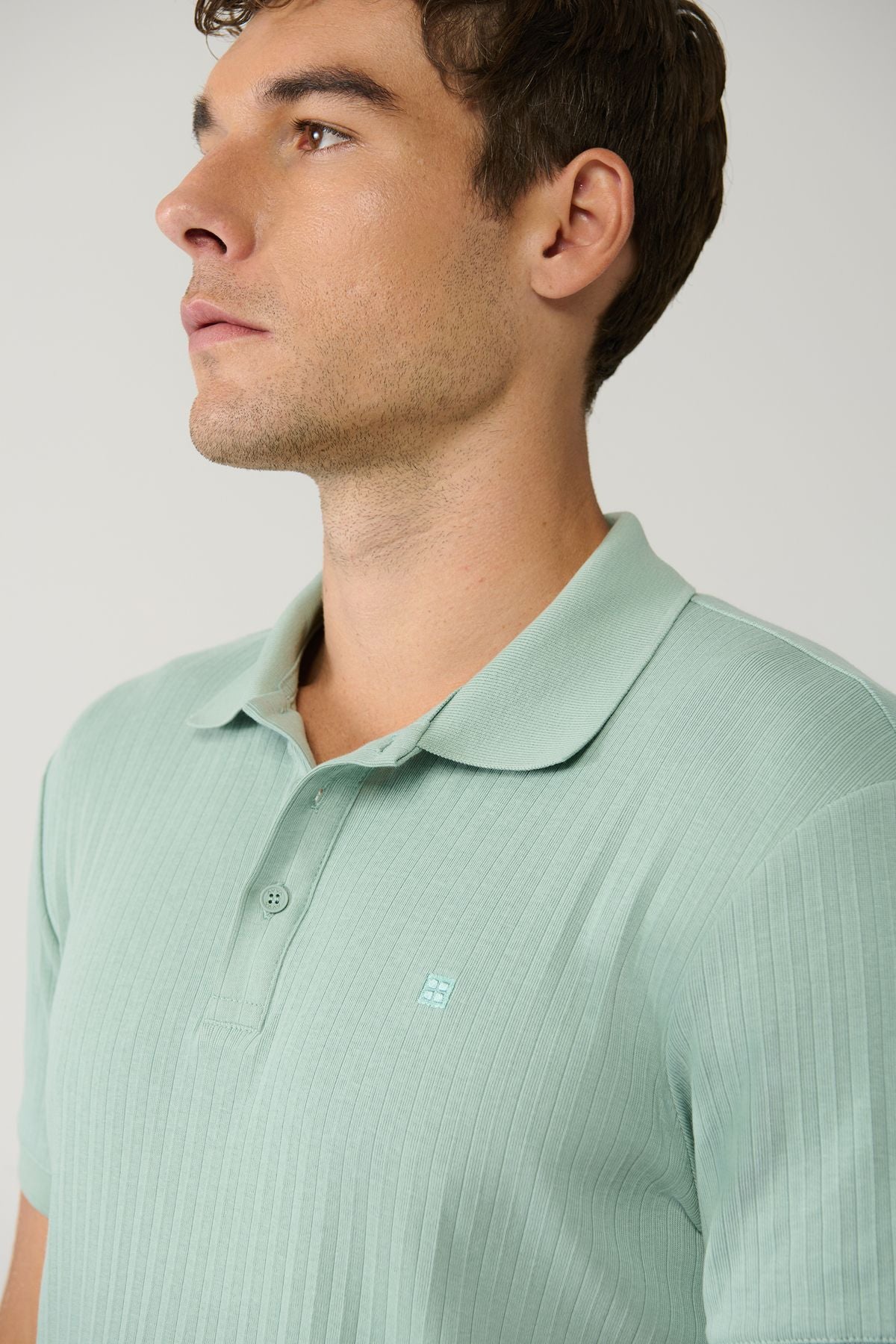 Men's Water Green 100 %Cotton 3 Buttoned Jacquard Polo Yaka T-shirt A41y1354
