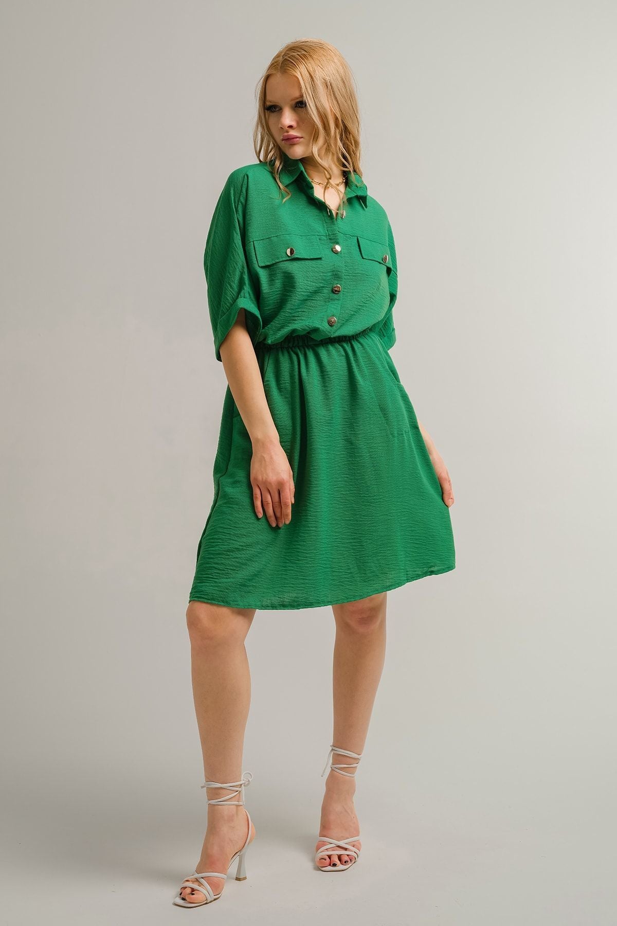 Female Green Bat Arm Pocket Waist Waist Dress ARM-23Y001076