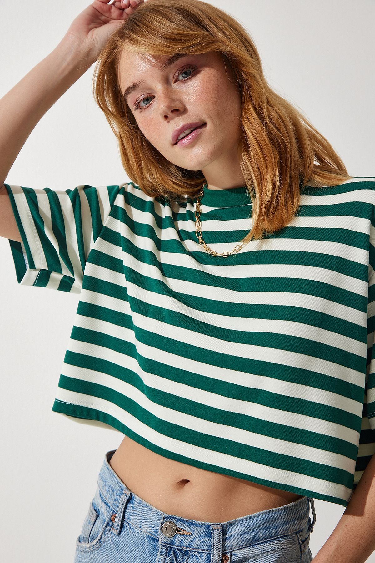 Woman Dark Green Bicycle Collar Striped Crop knitting T-shirt CR00427