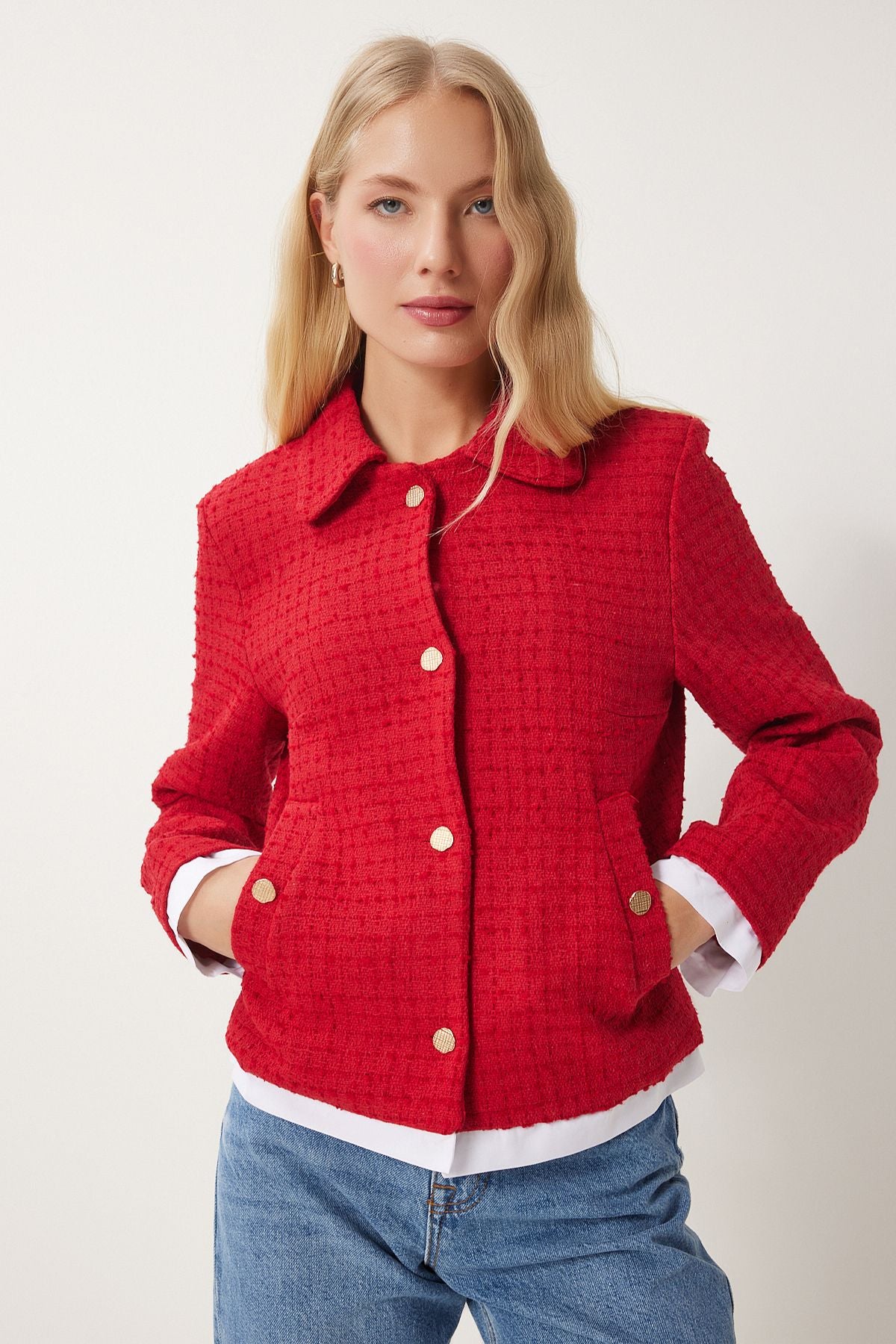 Woman Red Shirt Collar Tüvit Jacket to00157