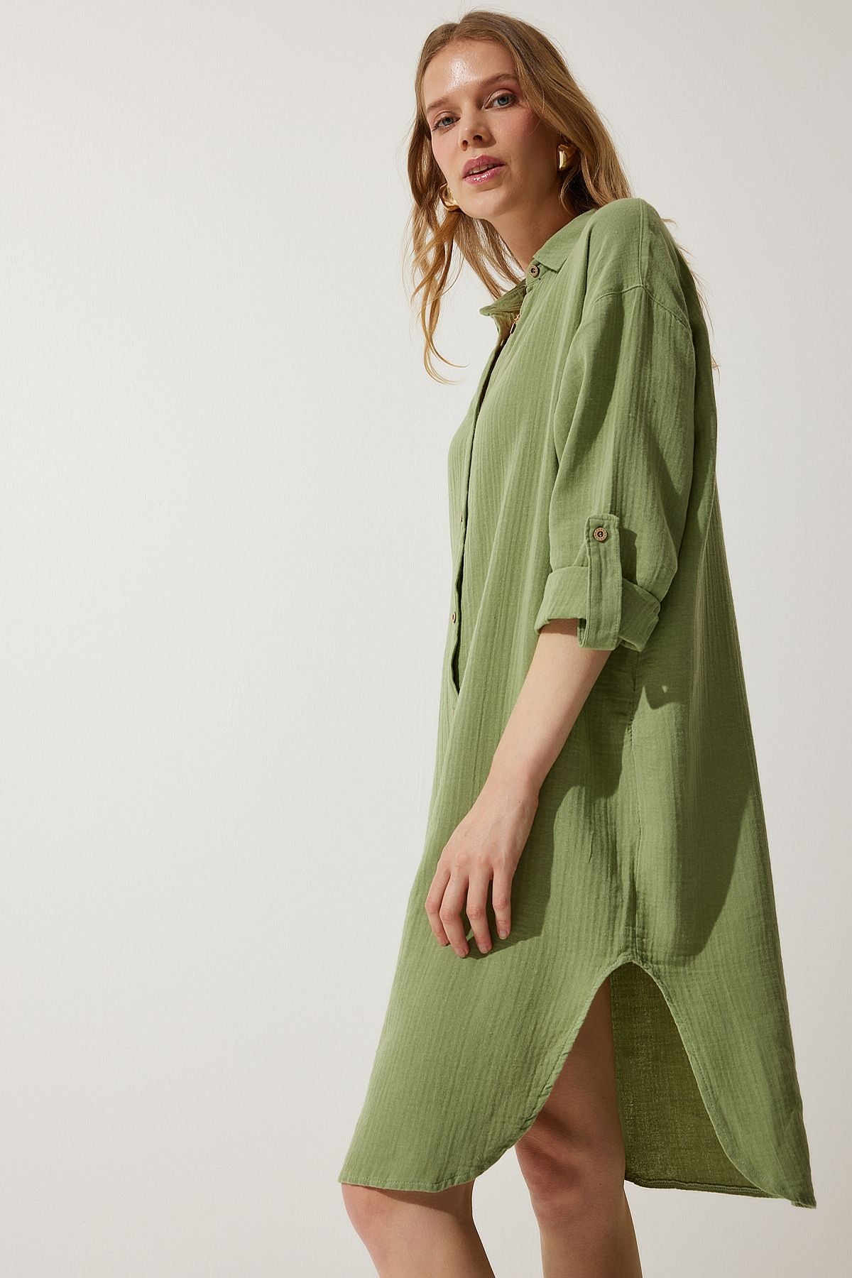 Women's Cagla Green Oversize Müslin Shirt Dress Sa00021