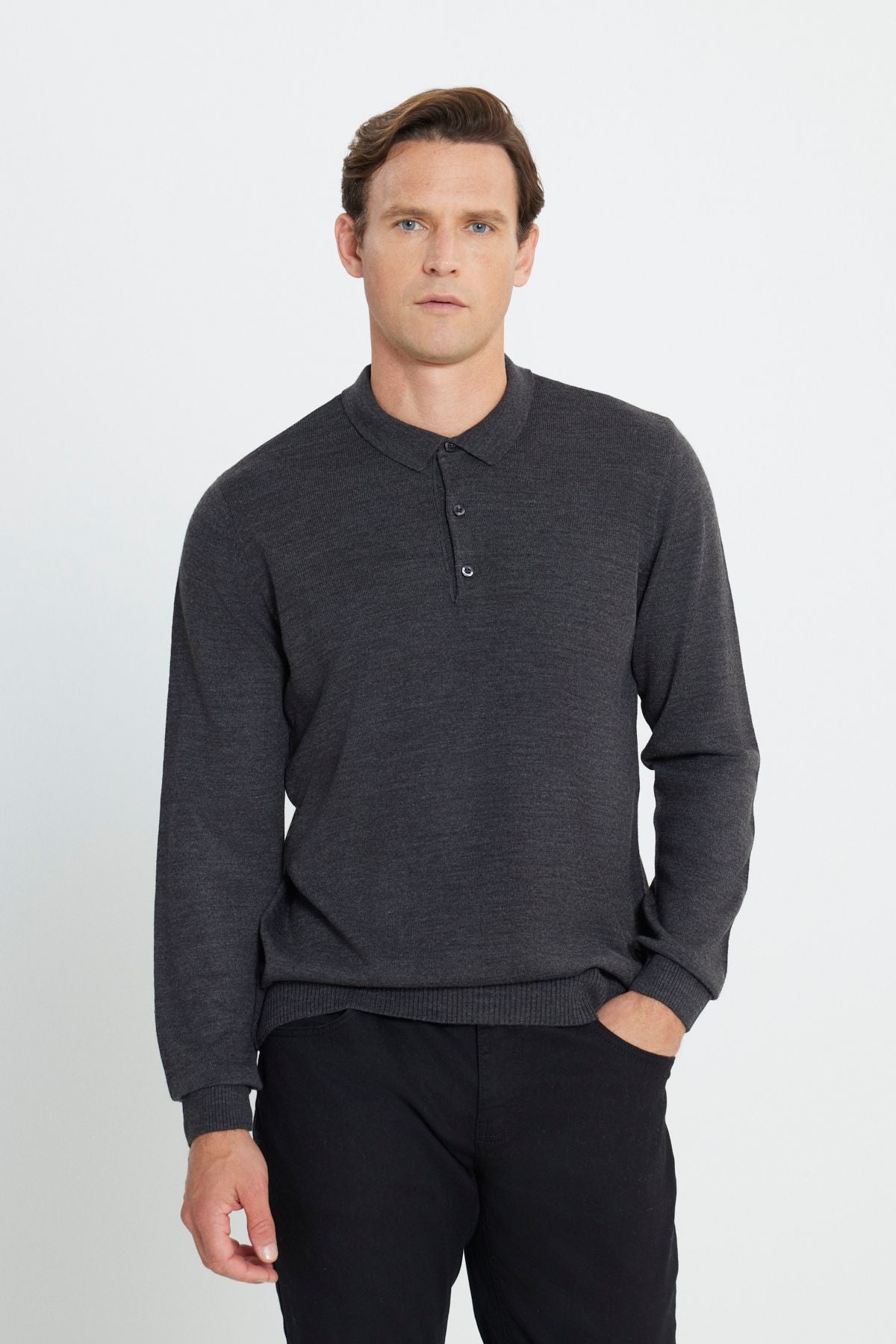 Men's anthracit-melanj non-pilling fabric standard fit Polo collar knitwear sweater