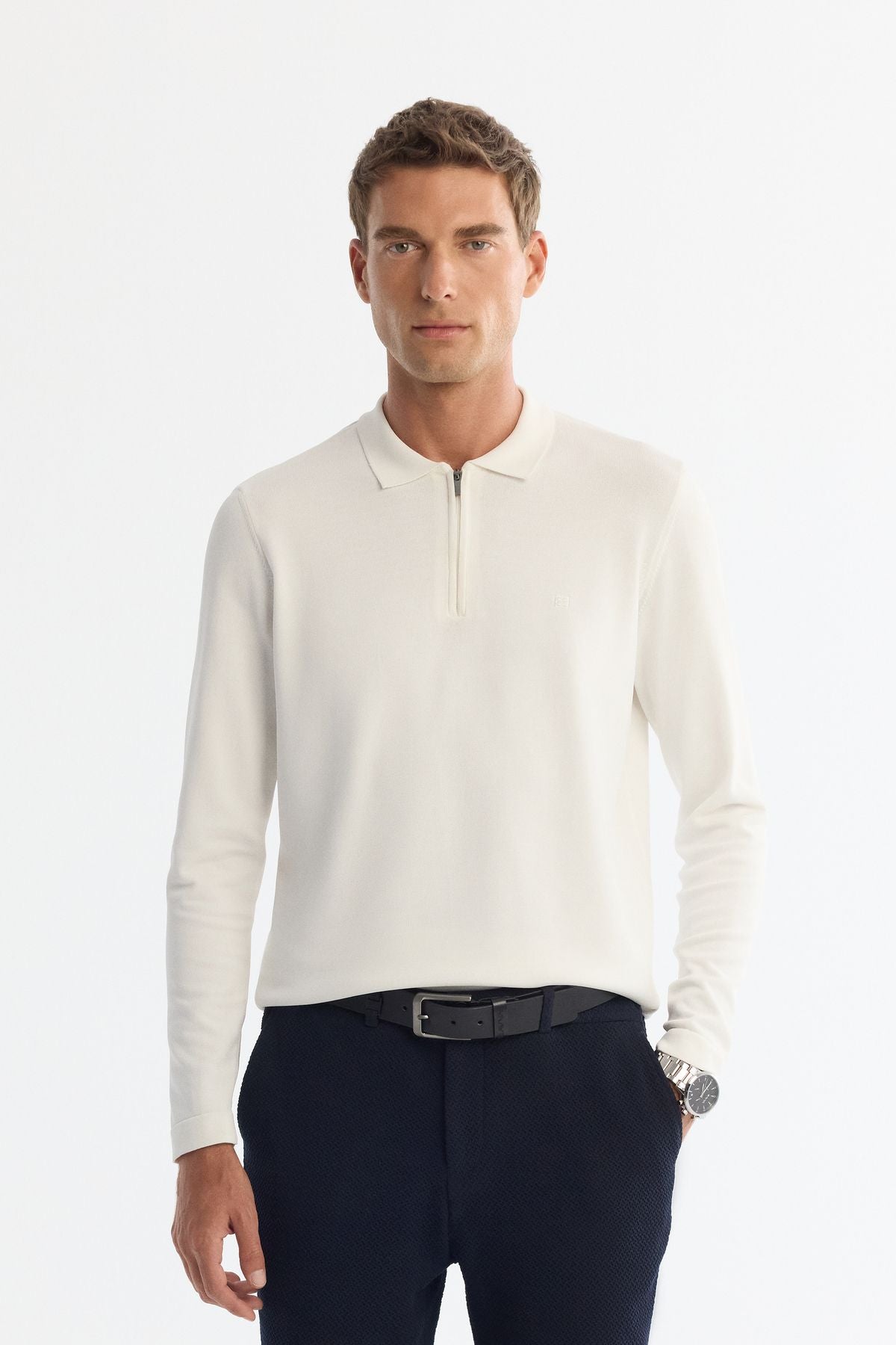Men's Ecru Zippered Polo Yaka Rayon Knitwear Kazakh A42y5009