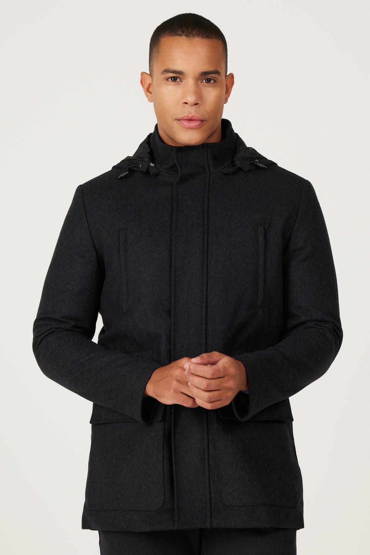 Standard Fit Normal Cutting Hooded woolen anthracite coat