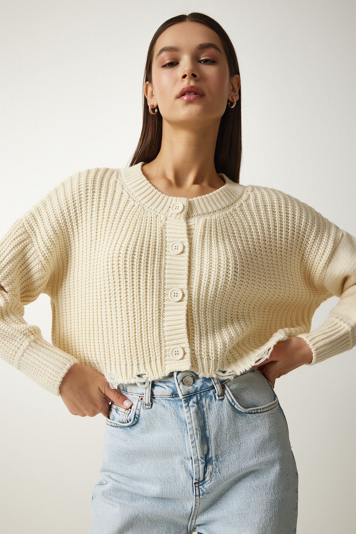 Women's Cream Roofed Crop Knitwear Cardigo PF00054