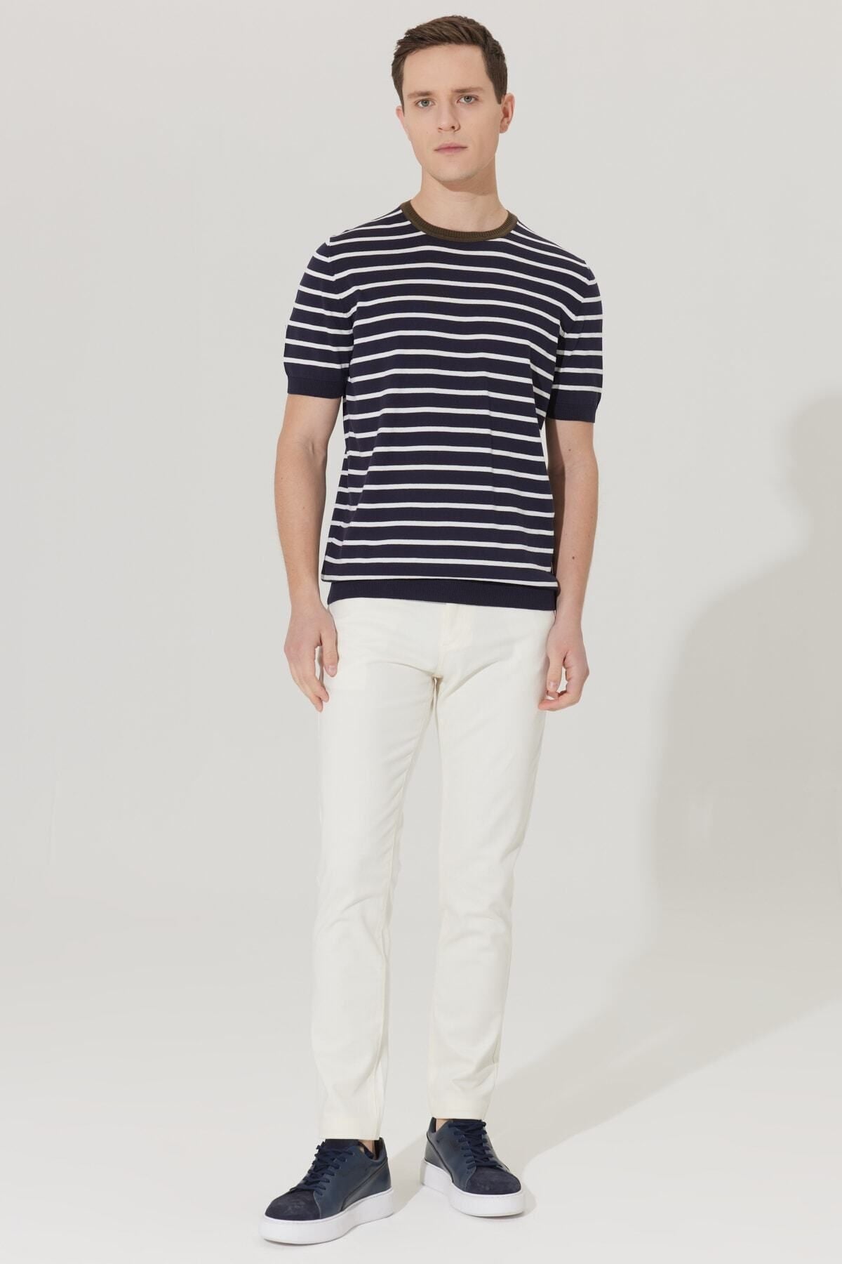 Men's ecru slim fit narrow cut 5 pocket cotton canvas flexible chino pants