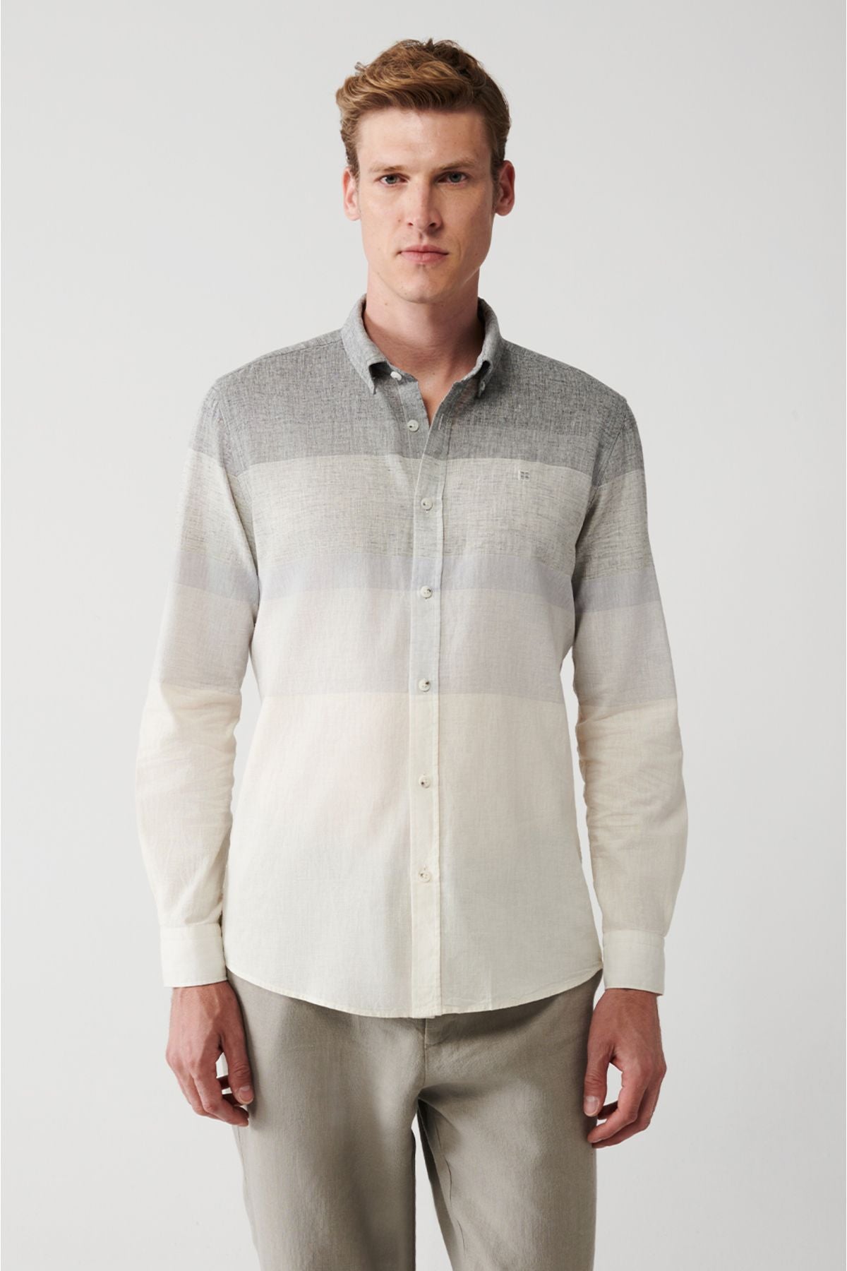 Men's black cotton linen mixed striped shirt A31y2271