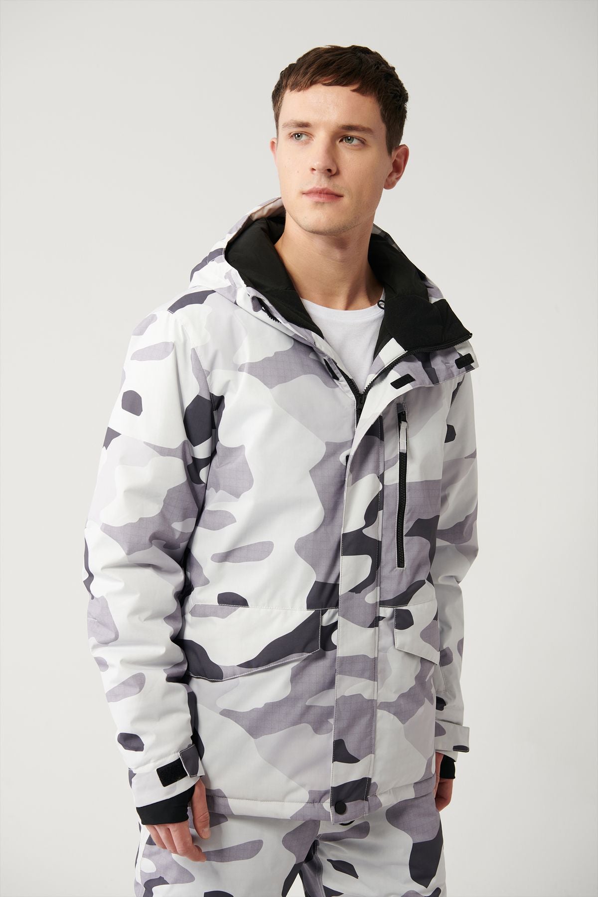 Men's White-Gray Hoped Patterned Water Protector Windproof SKI/Ski Coat A32Y6095