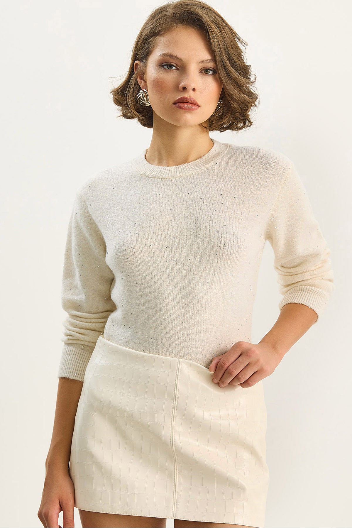 Women's Crew Neck Sequin Detailed Gilded Knitwear Sweater 4946 60283585