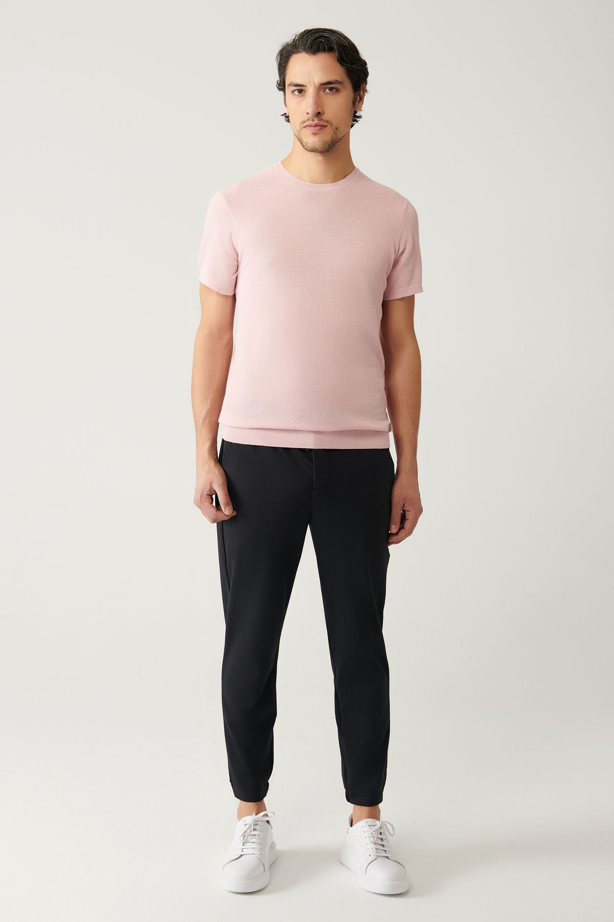 Men's Light Pink Bicycle Collar textured cotton knitwear T-shirt E005027