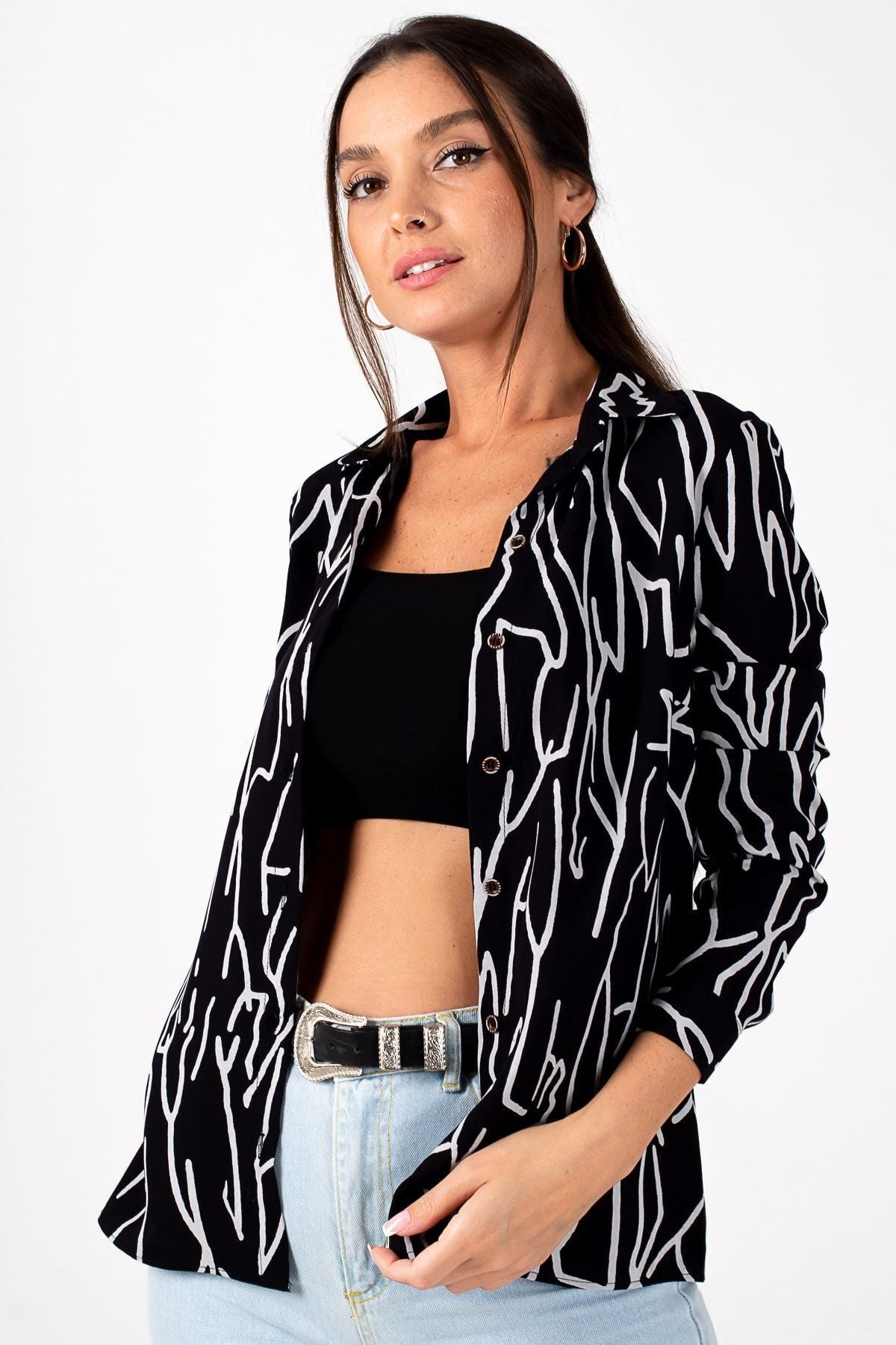 Women's Gray Line Pattern Long Sleeve Shirt ARM-20Y001002