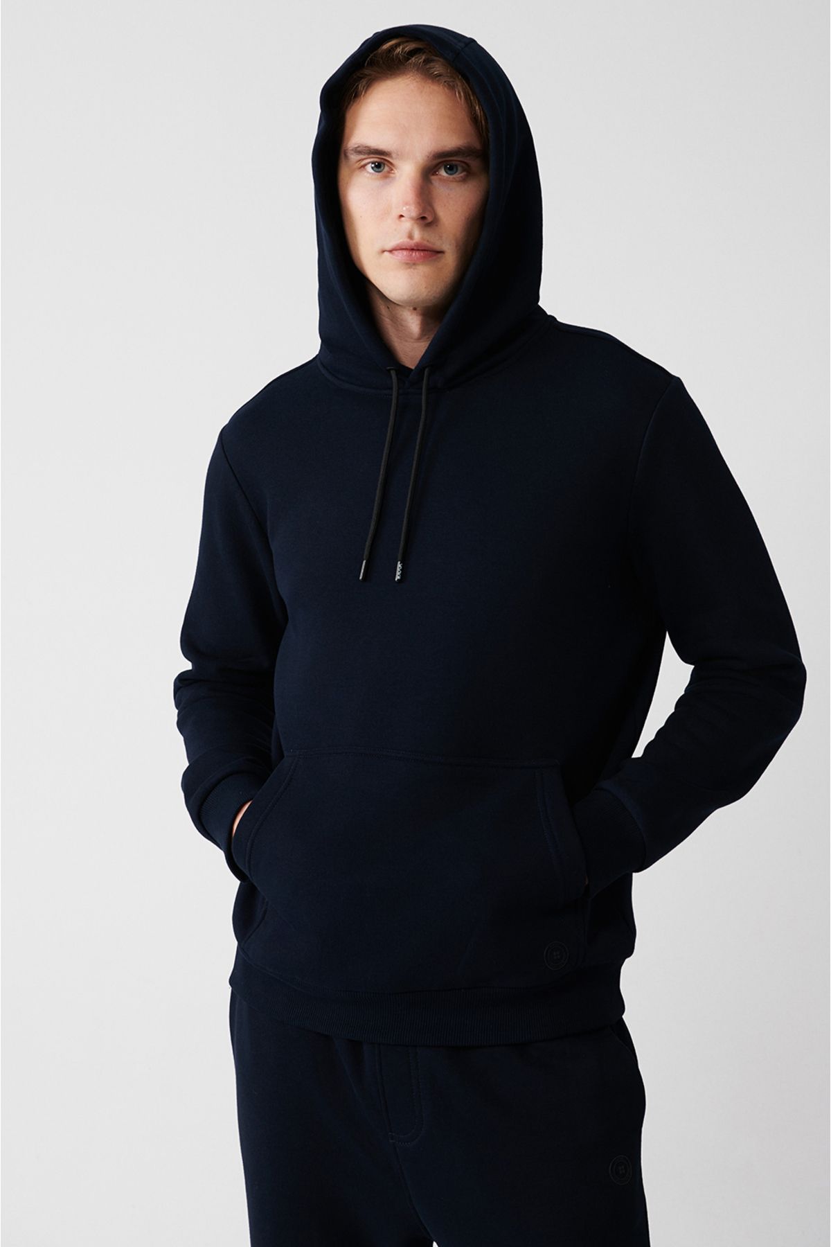 Erkek Lacivert Kapüşonlu 3 Iplik Şardonlu Pamuklu Sweatshirt E001018