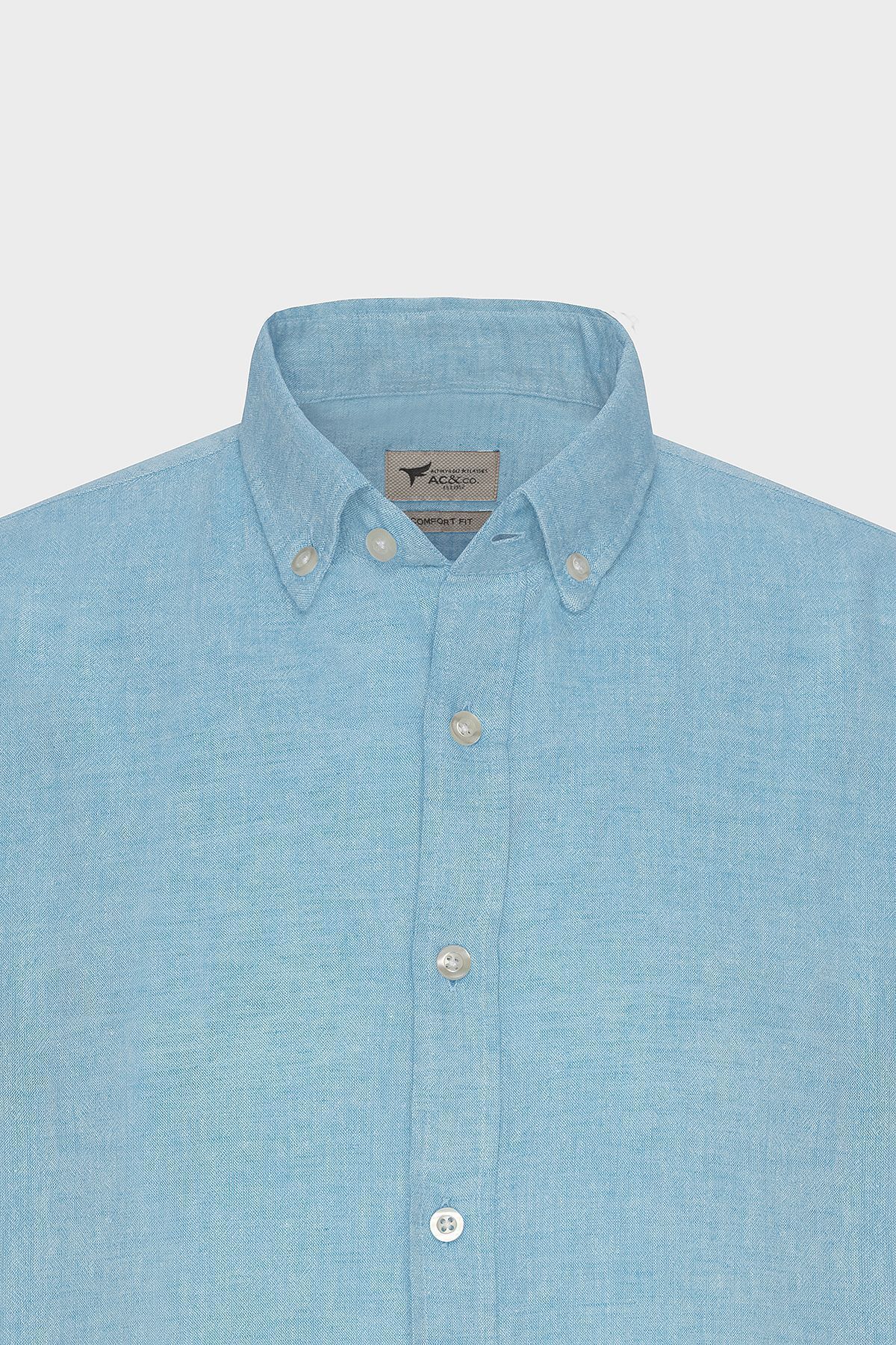 Men's turquoise linen comfort fit comfortable cut buttoned collar casual shirt