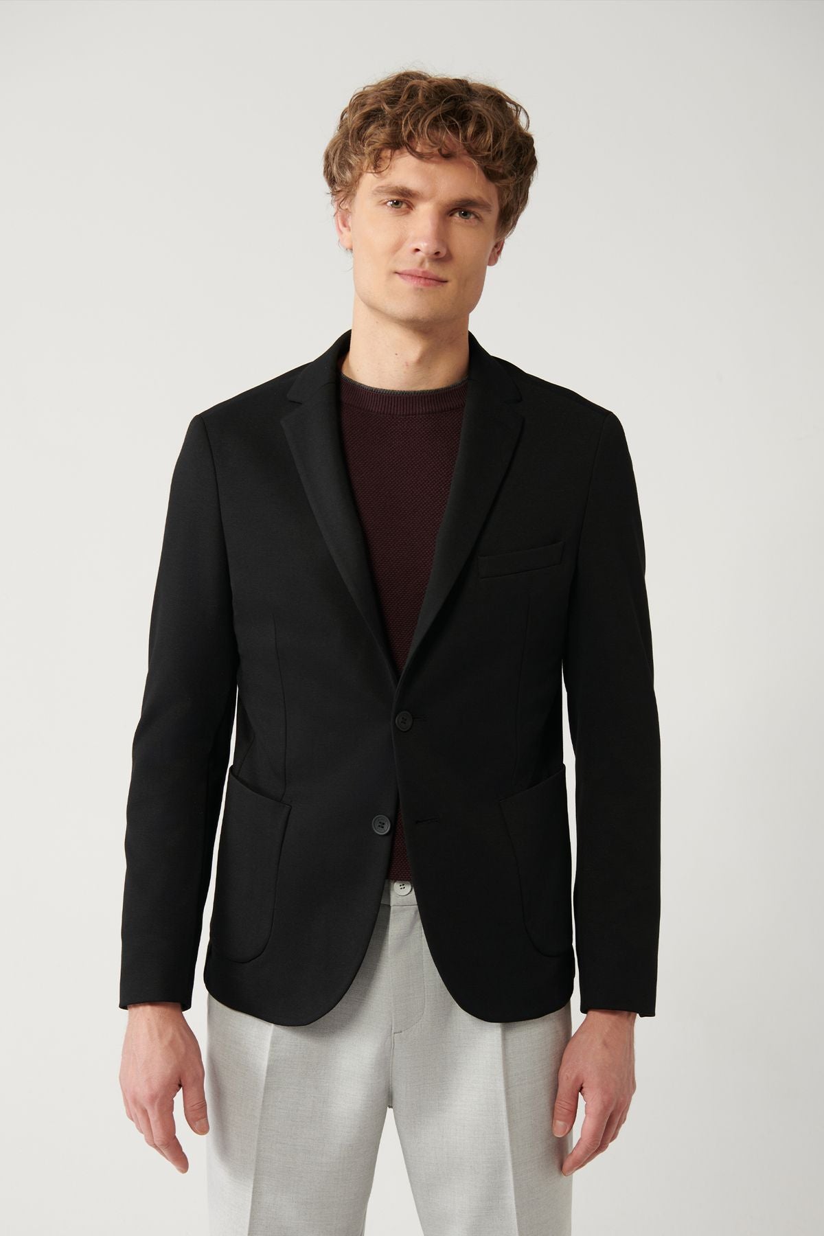 Men's black mono collar dual slit lined knitting jacket B004001