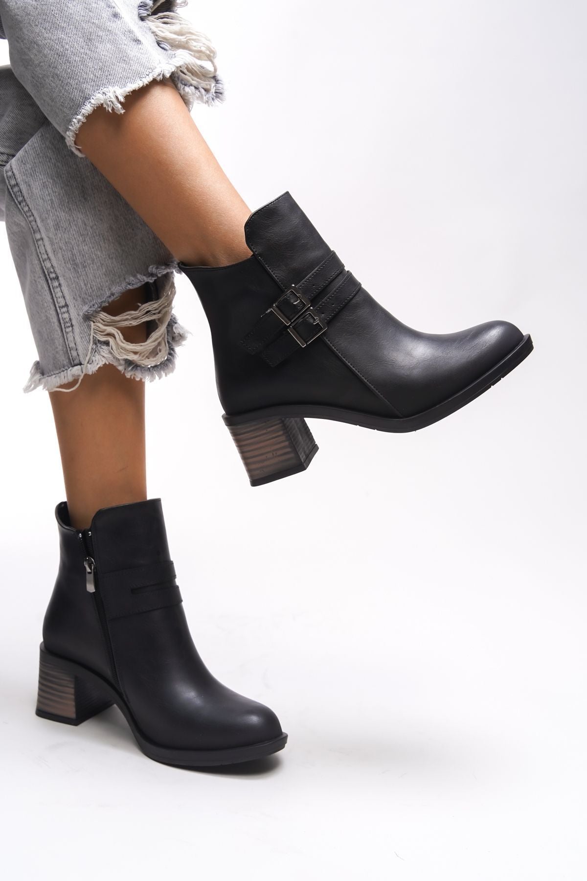 Khourzith female double buckle heels boat 0012502 black skin