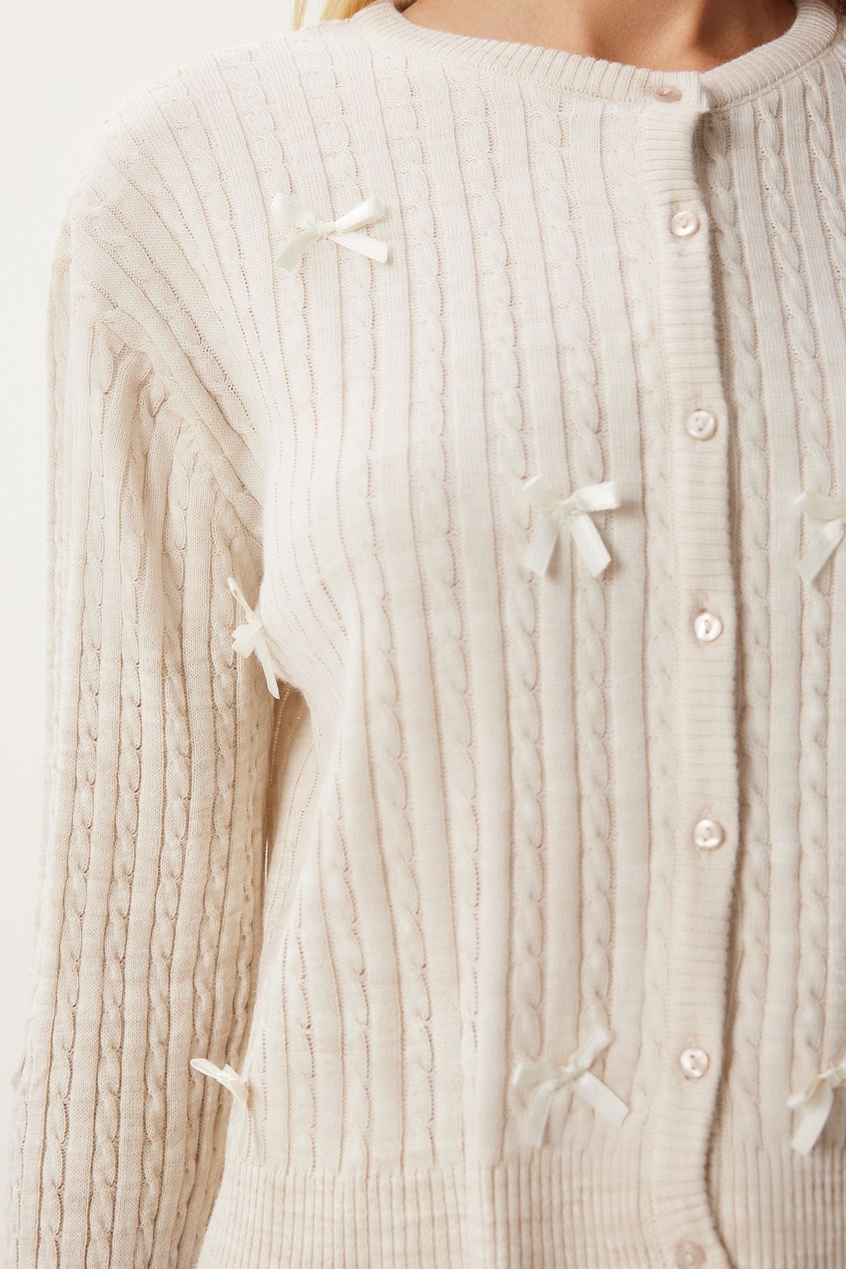 Women's Cream Bow Braided knitted cardigan PF00102