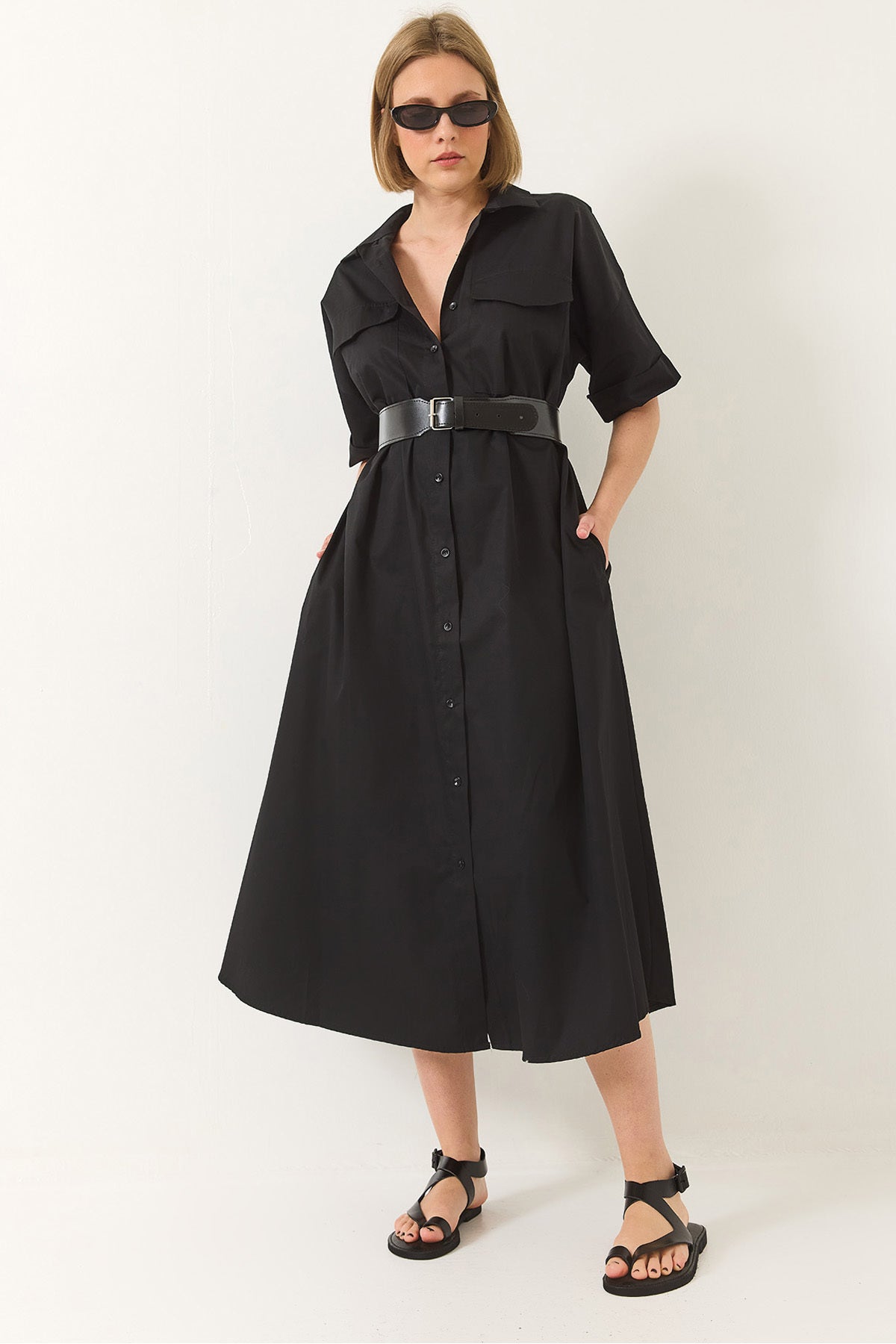 Women's Button Closure Pocket Detailed Belted Poplin Shirt Dress 60283191