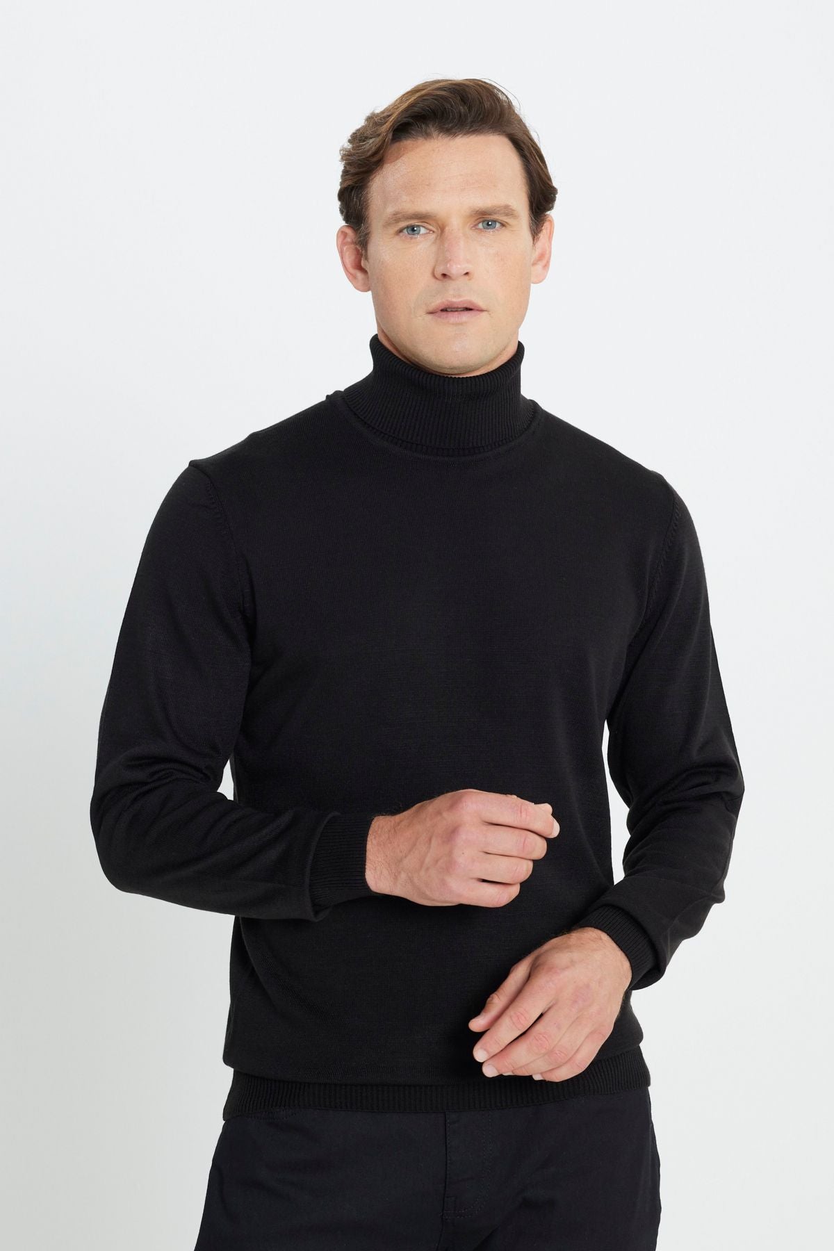 Men's Black Flashing Anti Pilling Standard Fit Full Fisherman Yaka Knitwear Kazakh