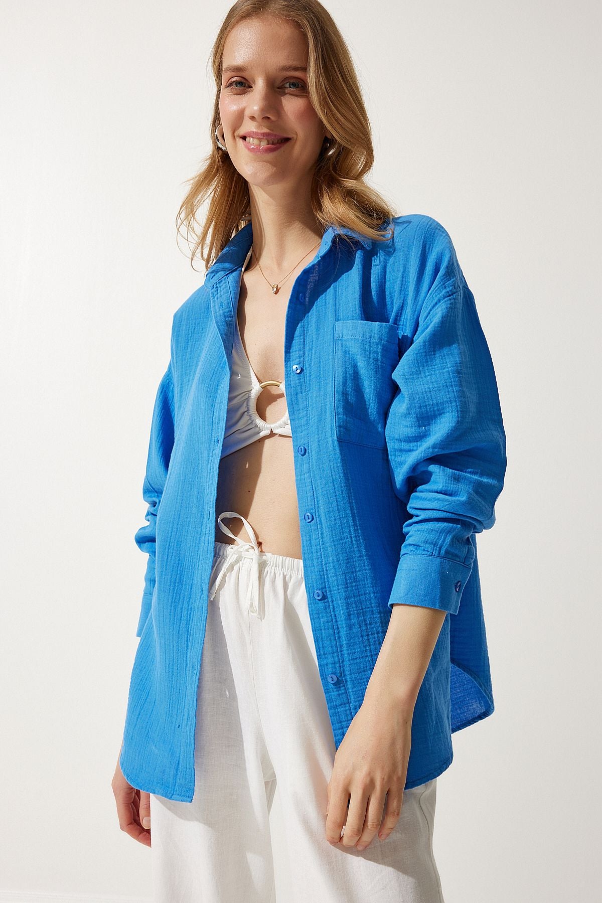 Woman Blue Pocket Oversize Müslin Shirt MX00150