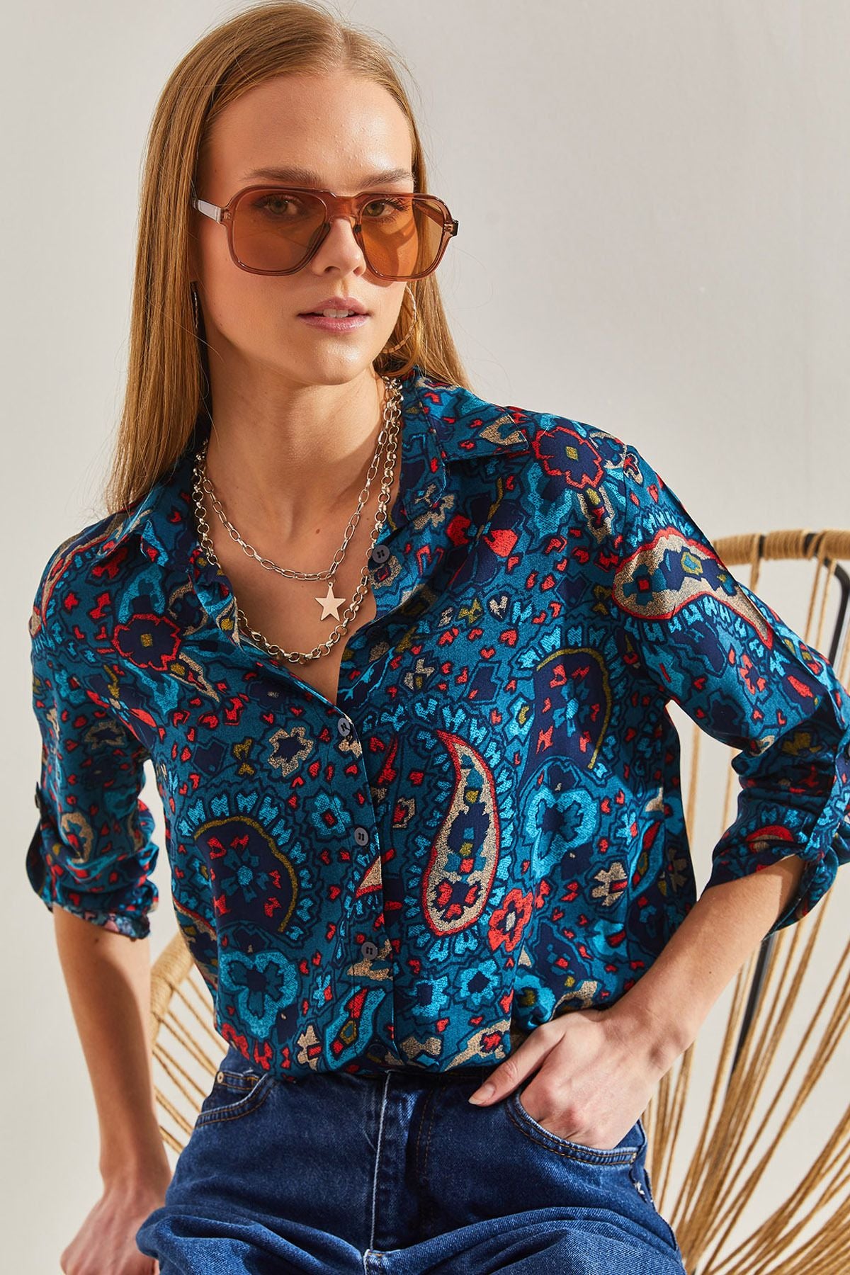 Women's Arm Folded Flower Patterned Viscose Shirt 60101029