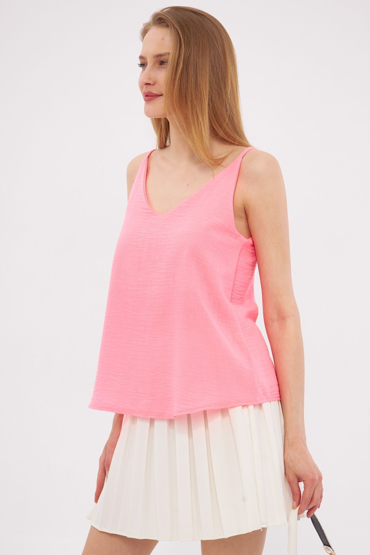 Female Neon Pink Linen Looking Hanger Blouse ARM-24Y001064