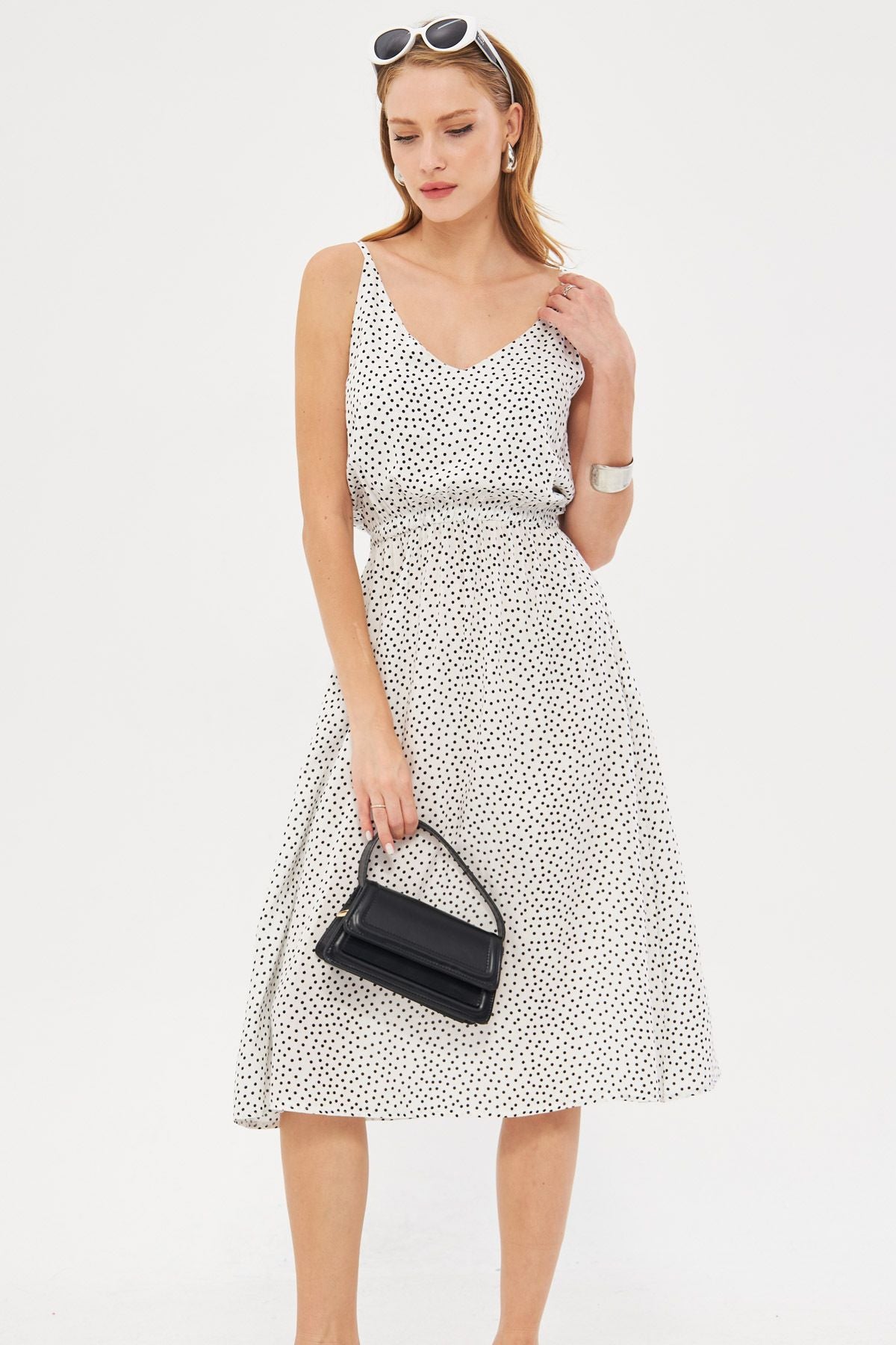 Woman White Hanger V-Yaka Waist Midi Patterned Clash Dress ARM-24Y001103