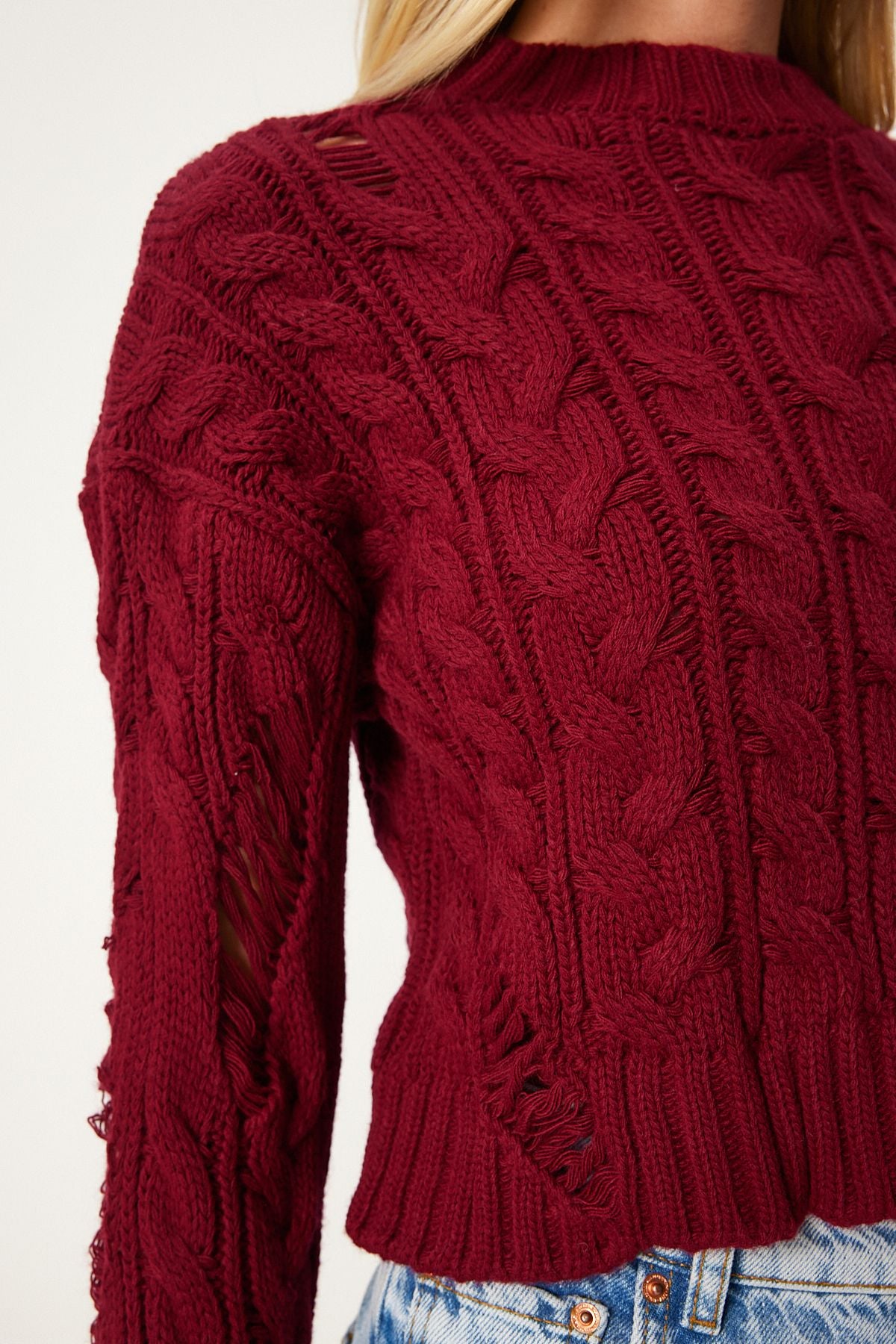 Female Bordeaux Ripped Detailed Braided Knitwear Sweater FN03339
