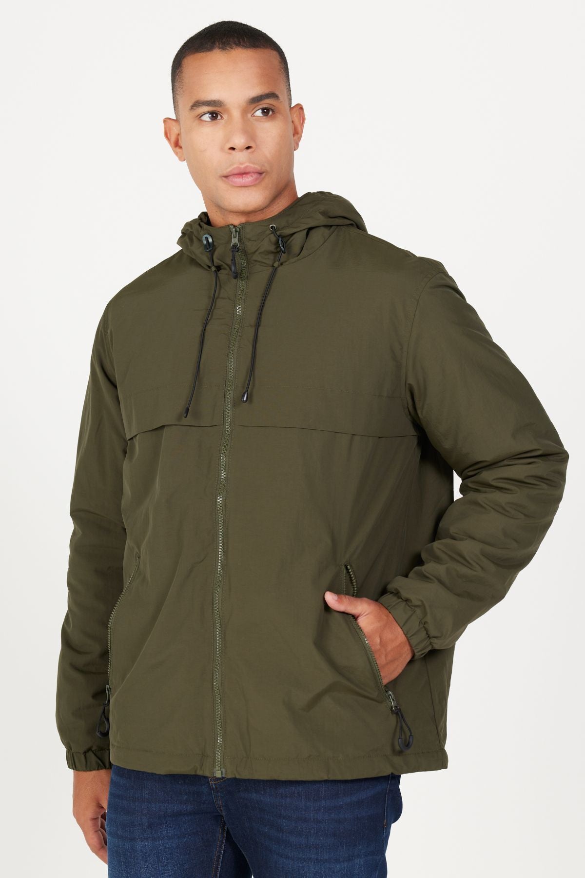 Men's Khaki Standard Fit Normal Normal Cut Hooded Side Pocket Coat