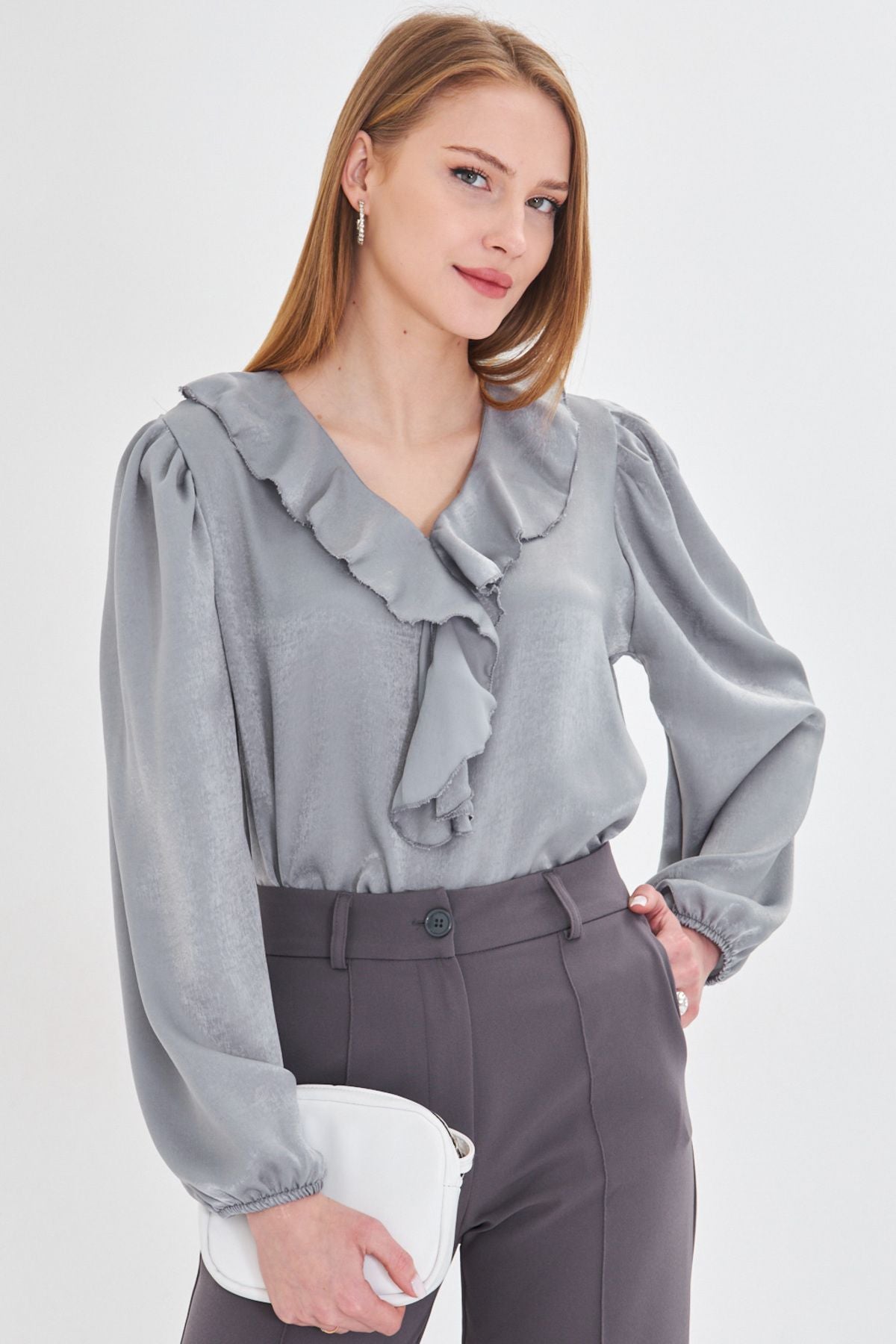 WOMEN LIGHT GRAY SIDE RISE SHOOTED HANDLED HAND RAST COTTON SATIN BLOSE ARM-22K001059