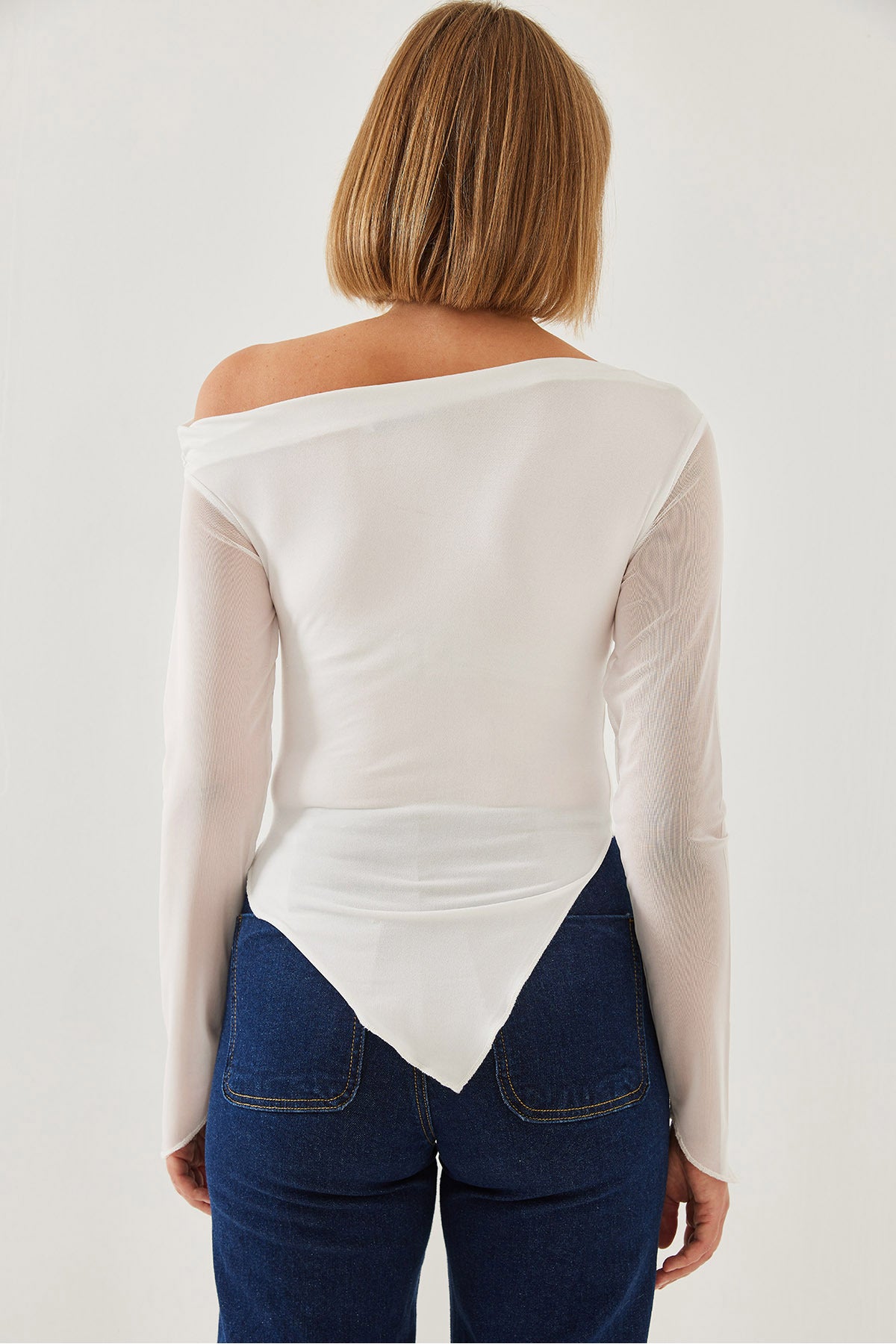 Women's Tulle Detail Asymmetrical Cut Blouse 60351210