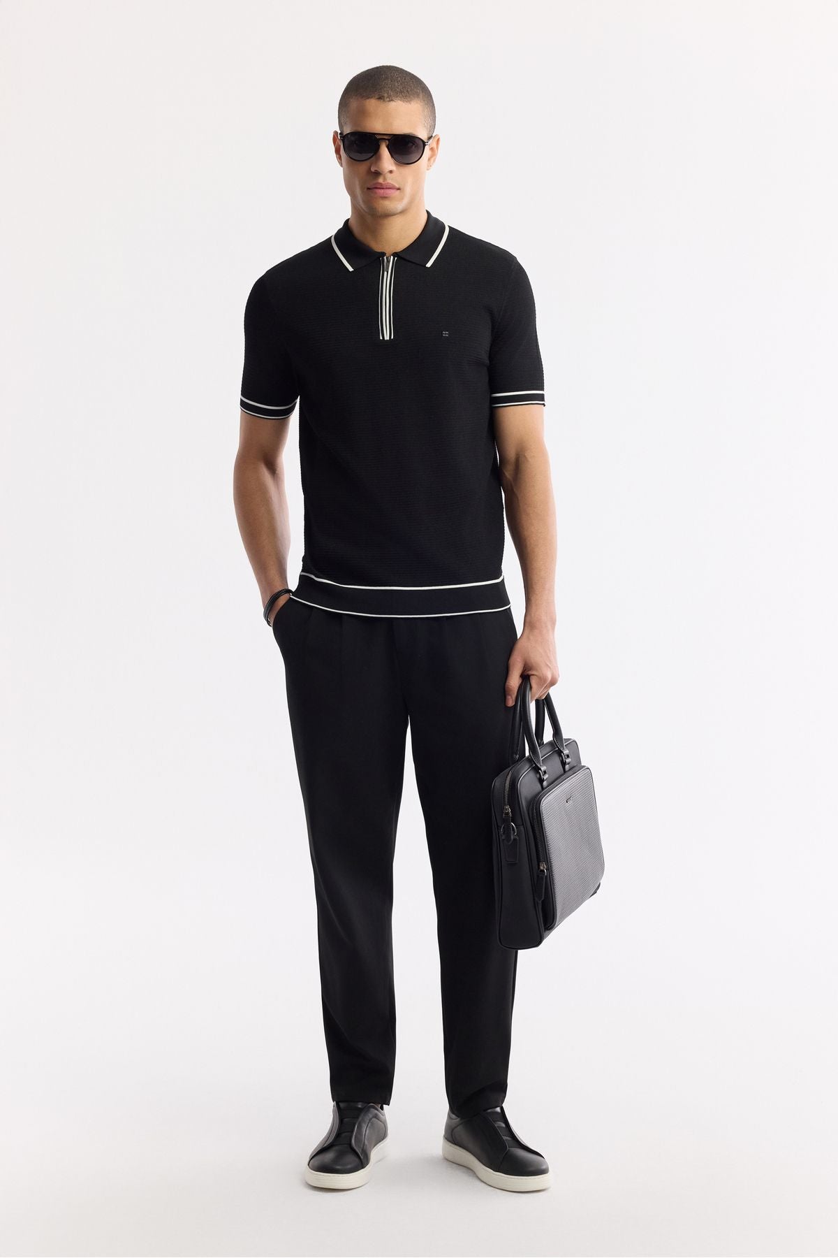 Men's black zipper polo collar textured rayon knitwear T-shirt A51y5165