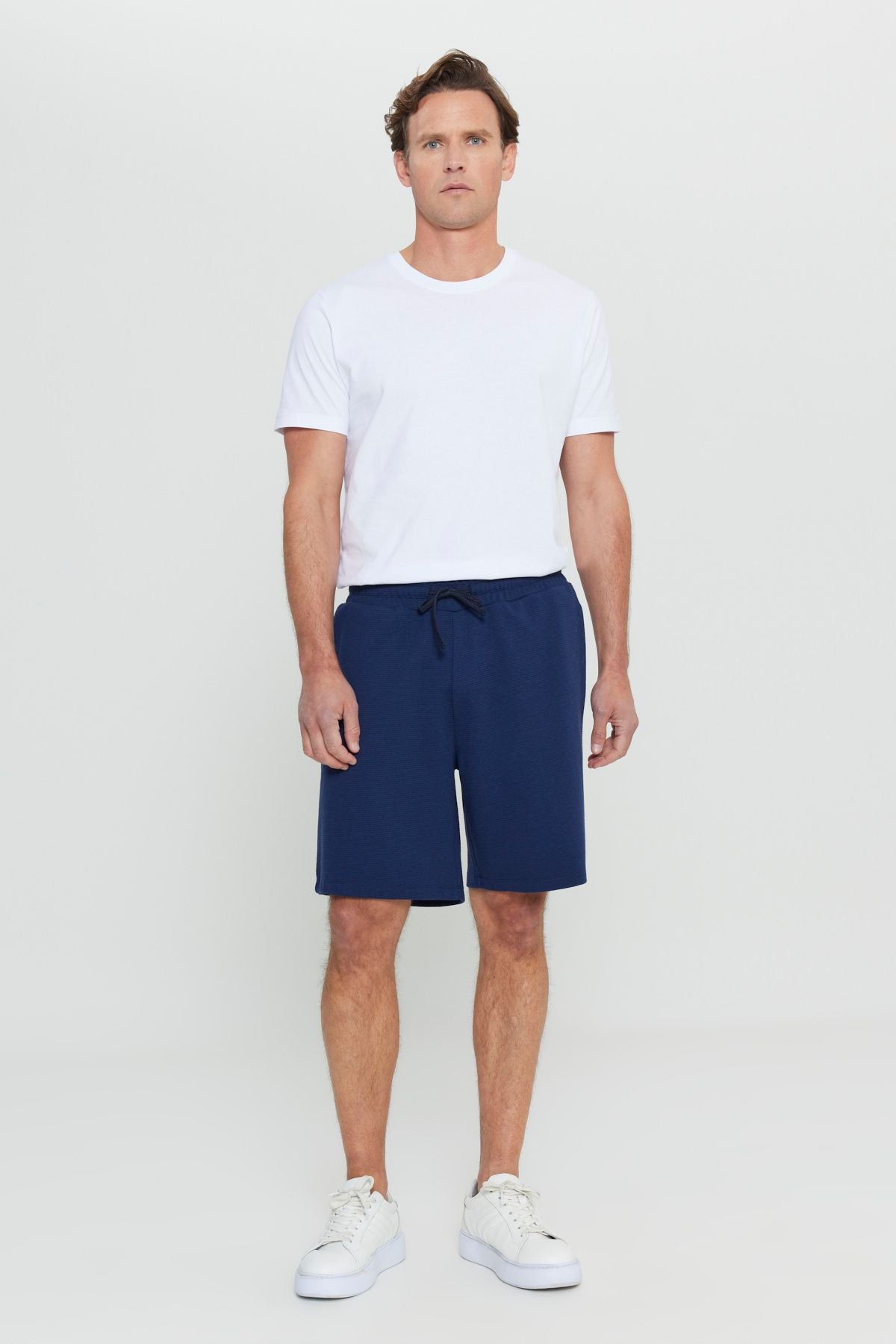 Men's navy blue cotton standard Fit Normal Cut Normal Cutting Waist Located Side Pocket Knitting Shorts
