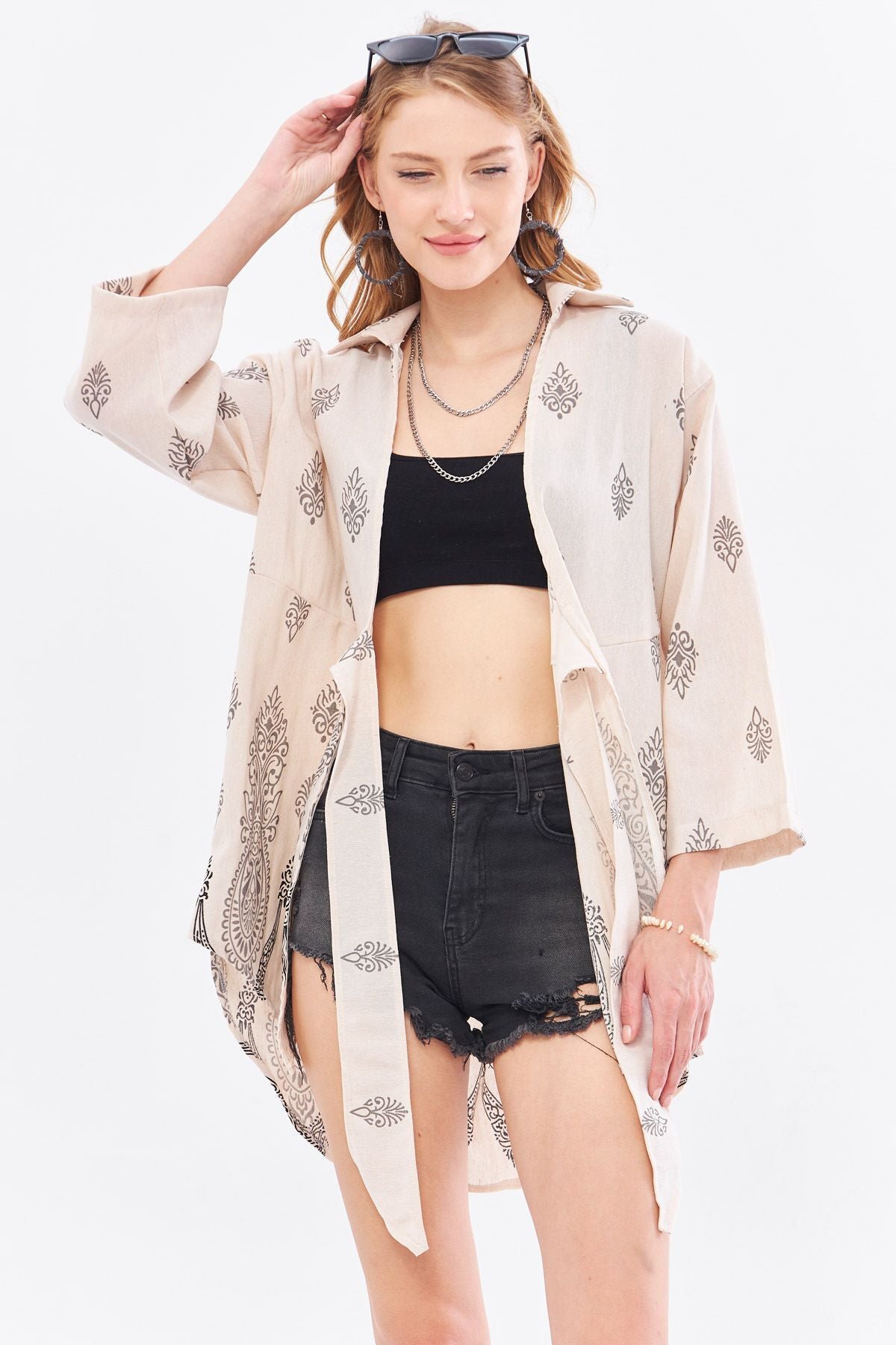 Female gray patterned linen-looking skirt with aqueous front kimono shirt ARM-24Y001092