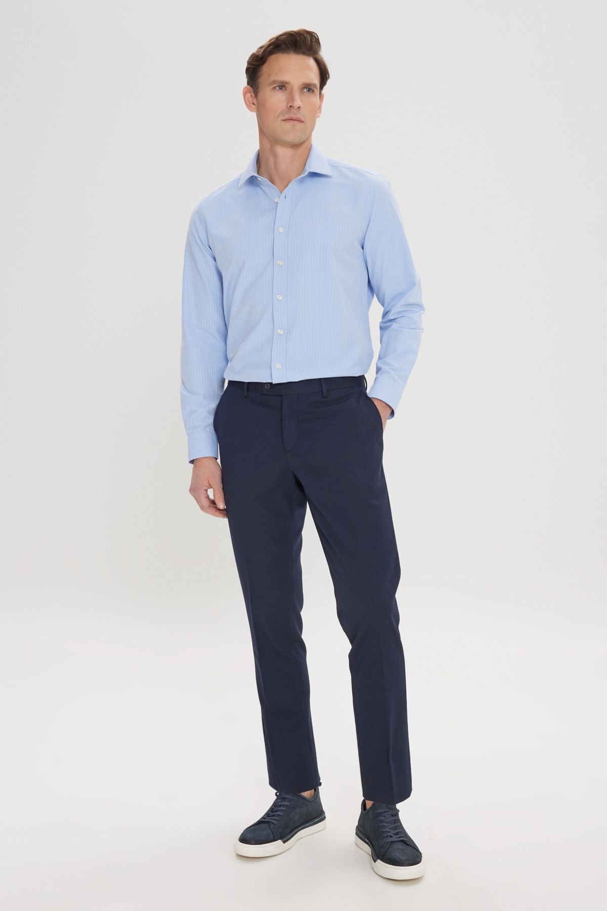 Men's navy blue slim fit narrow cut flexible classic pants