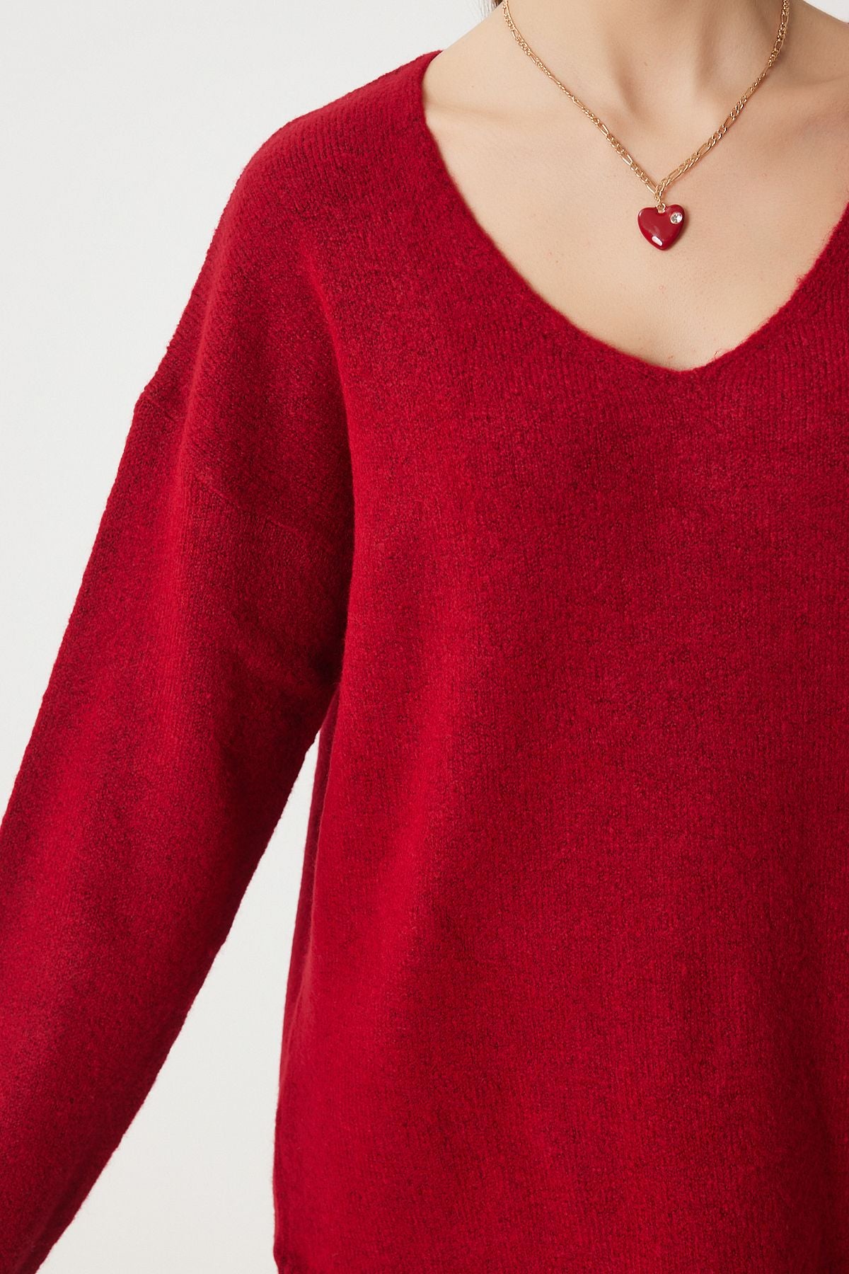 Woman Red V -Neck Knitwear Kazakh ZA00063