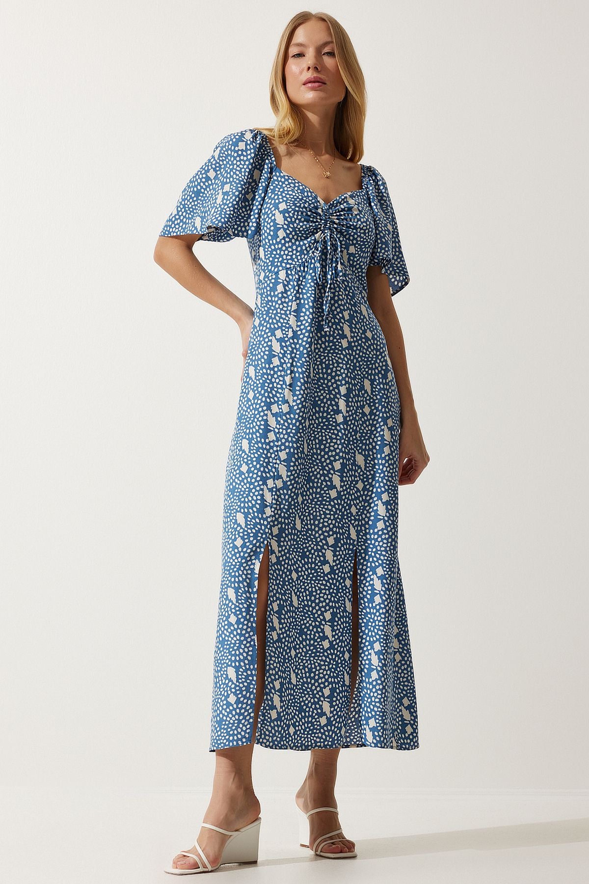 WOMEN INDIGO BLUE SPRING DETAILED VISKON DRESS UB00247